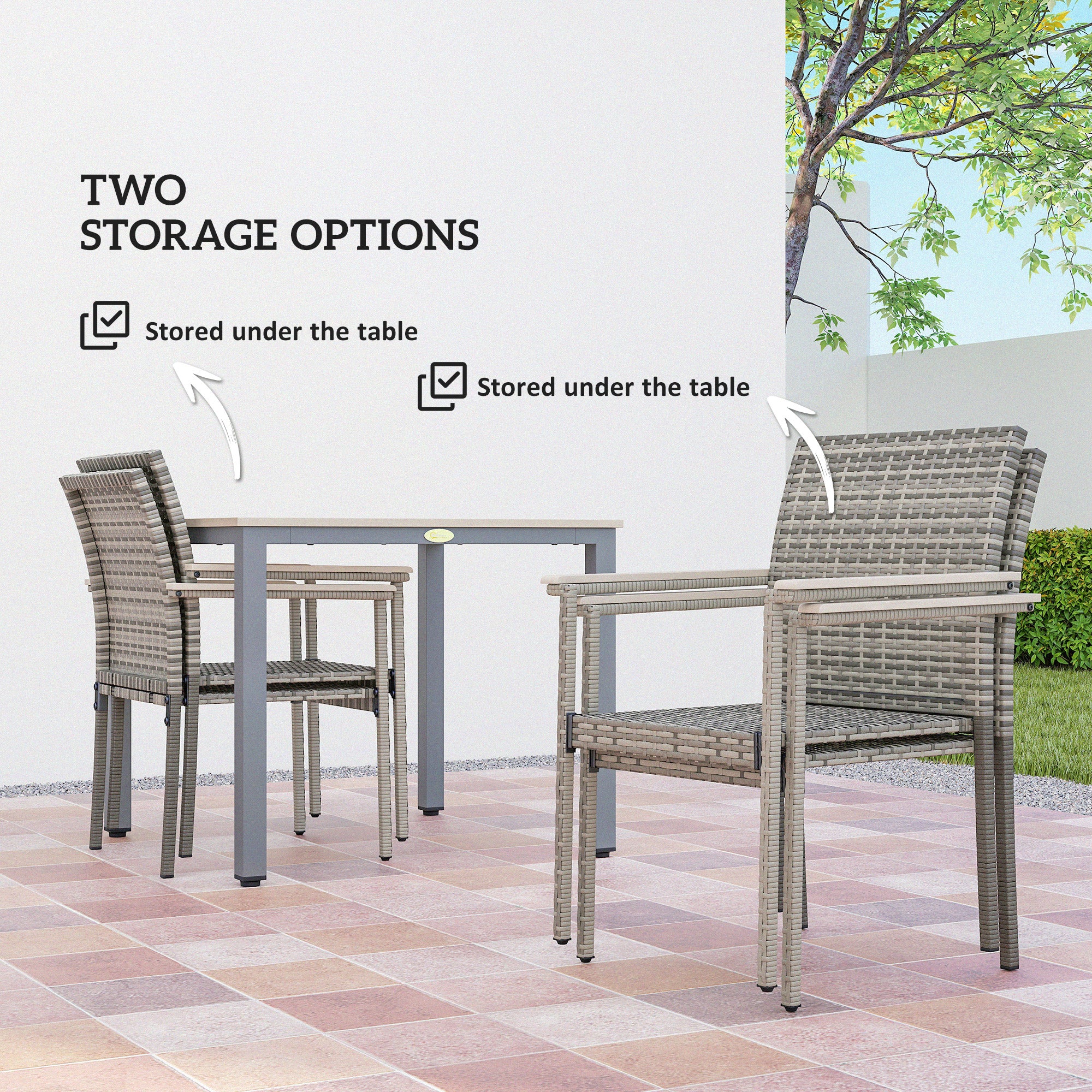 Outsunny 5 Pieces Wicker Outdoor Furniture Set, Rattan Patio Dining Set with Cushions, Umbrella Hole for Garden Backyard, Grey