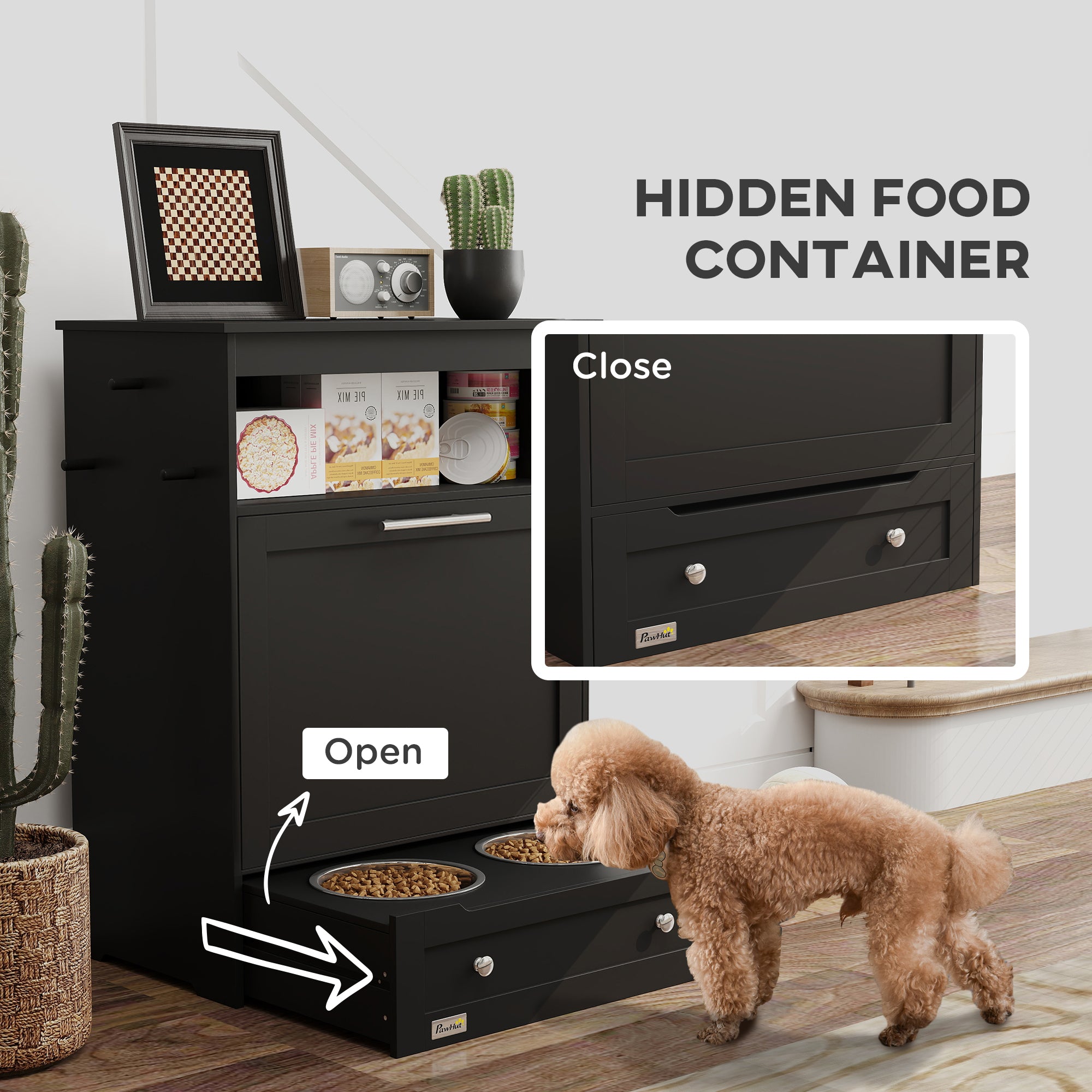 PawHut Pet Feeder Station Storage Cabinet, Dog Food Storage Container with Dog Raised Bowls, Watering Supplies, Black