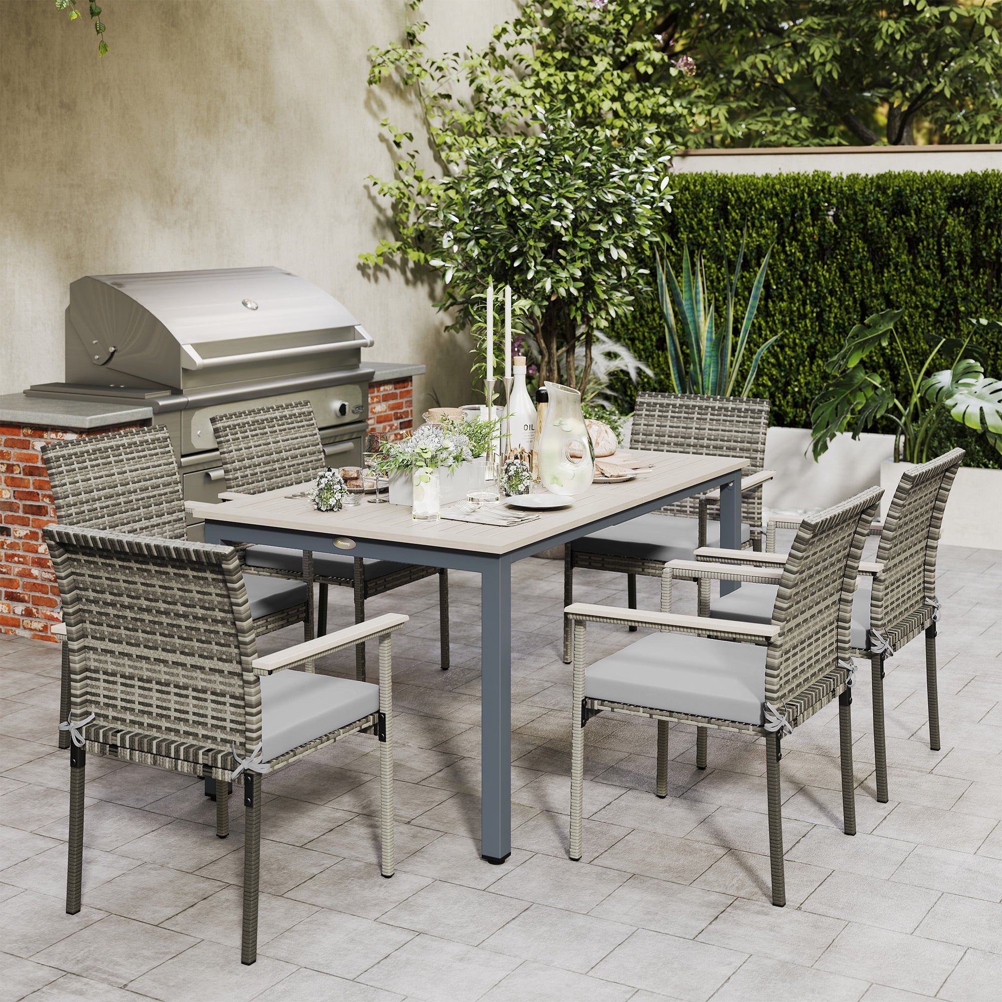 Outsunny 7 Pieces Wicker Outdoor Furniture Set, Rattan Patio Dining Set with Cushions, Umbrella Hole for Garden Backyard, Grey