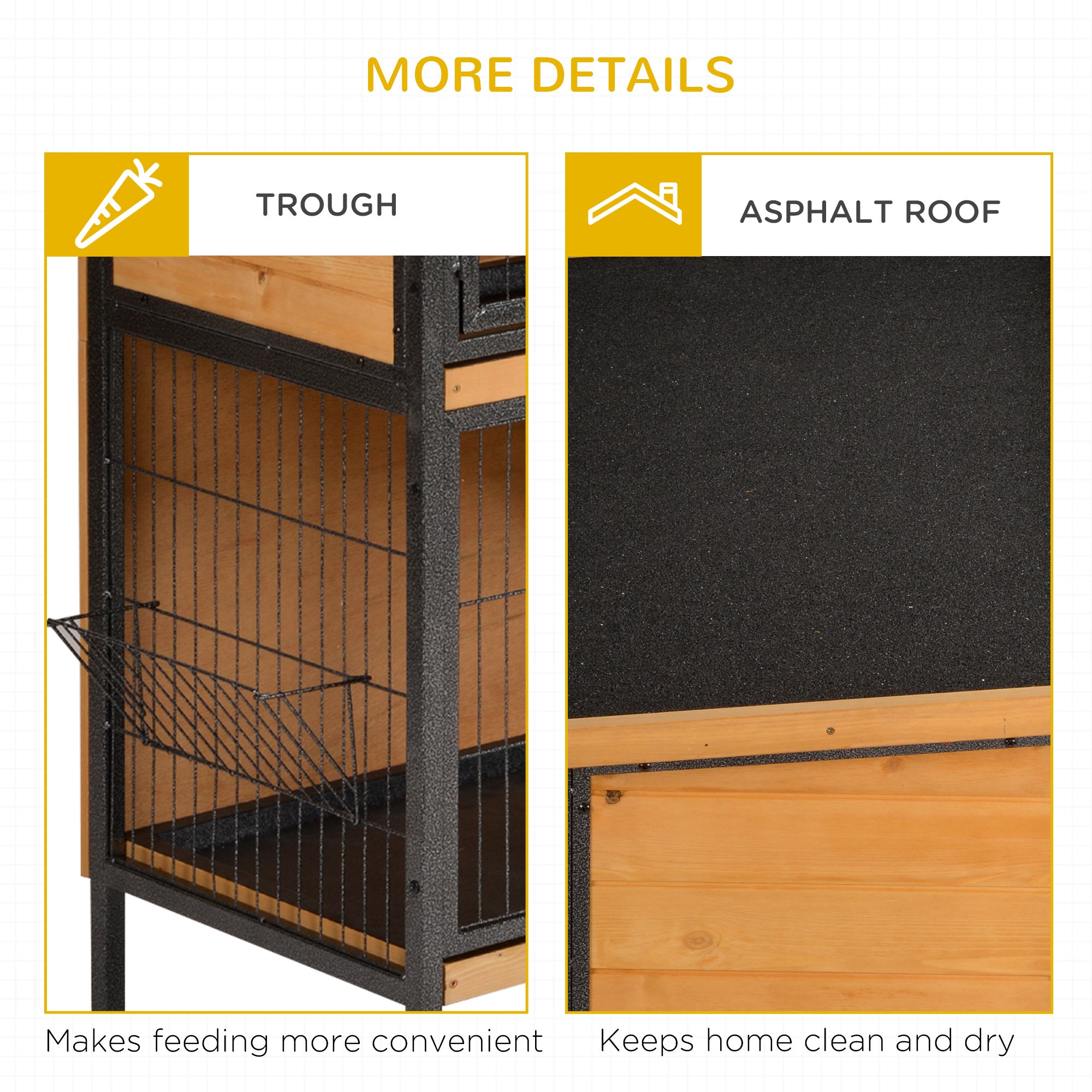 PawHut 48" 2-Floor Large Rabbit Hutch Wooden Pet House Metal Frame Bunny Cage Small Animal Habitat with Ramp Feeding Trough Lockable Doors Run Area Asphalt Roof for Outdoor Use