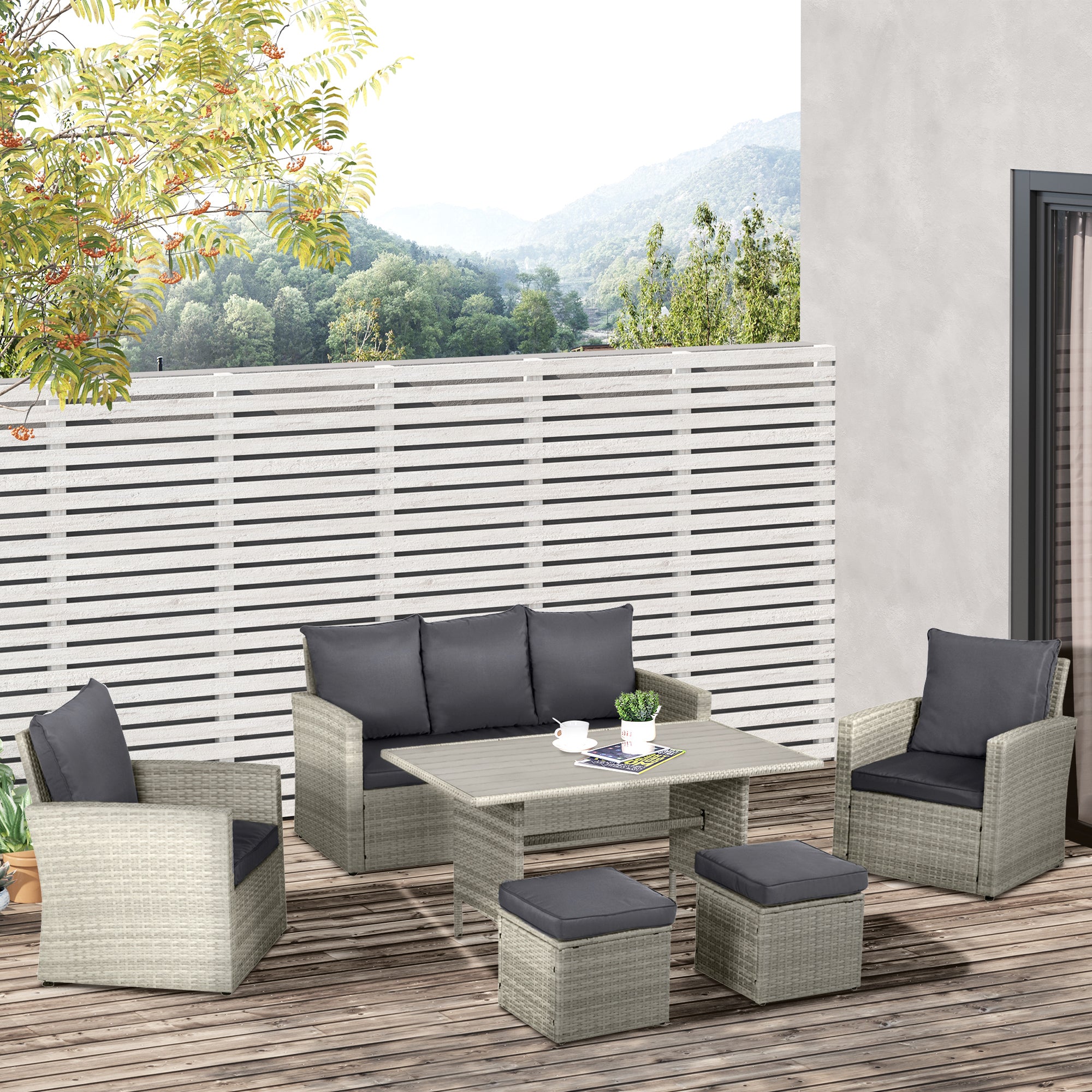 Outsunny 6 PCS Rattan Outdoor Dining Set Patio Dining Table and Chair Set with Plastic Wood Top Dining Table, Cushions, Grey