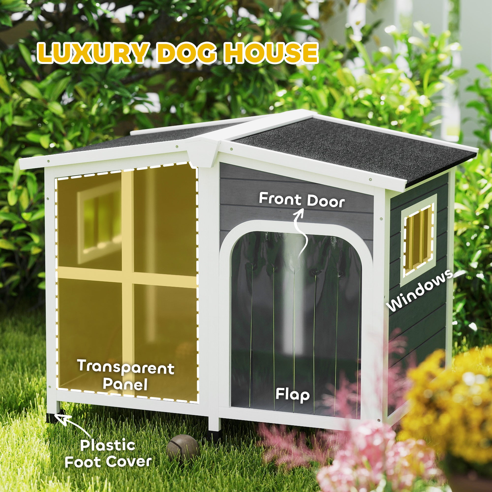 PawHut Wooden Dog House, Raised Pet Kennel with Removable Bottom, Openable Asphalt Roof, Door Curtain, Side Windows, Dark Grey