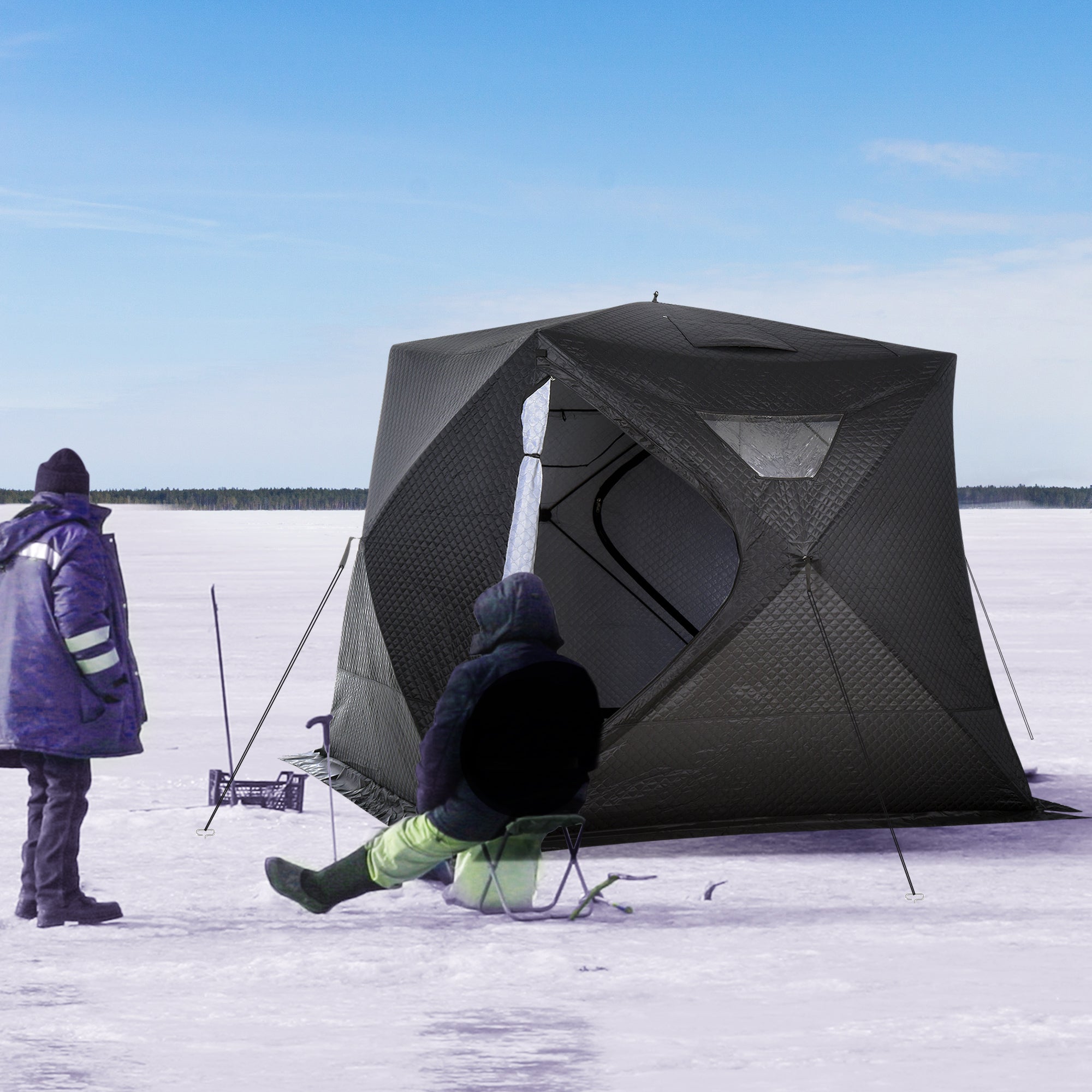Outsunny 4-Person Insulated Ice Fishing Tent, Portable Ice Fishing Shelter with Ventilation Windows, Carry Bag, Two Doors and Anchors for Low-Temp -22℉