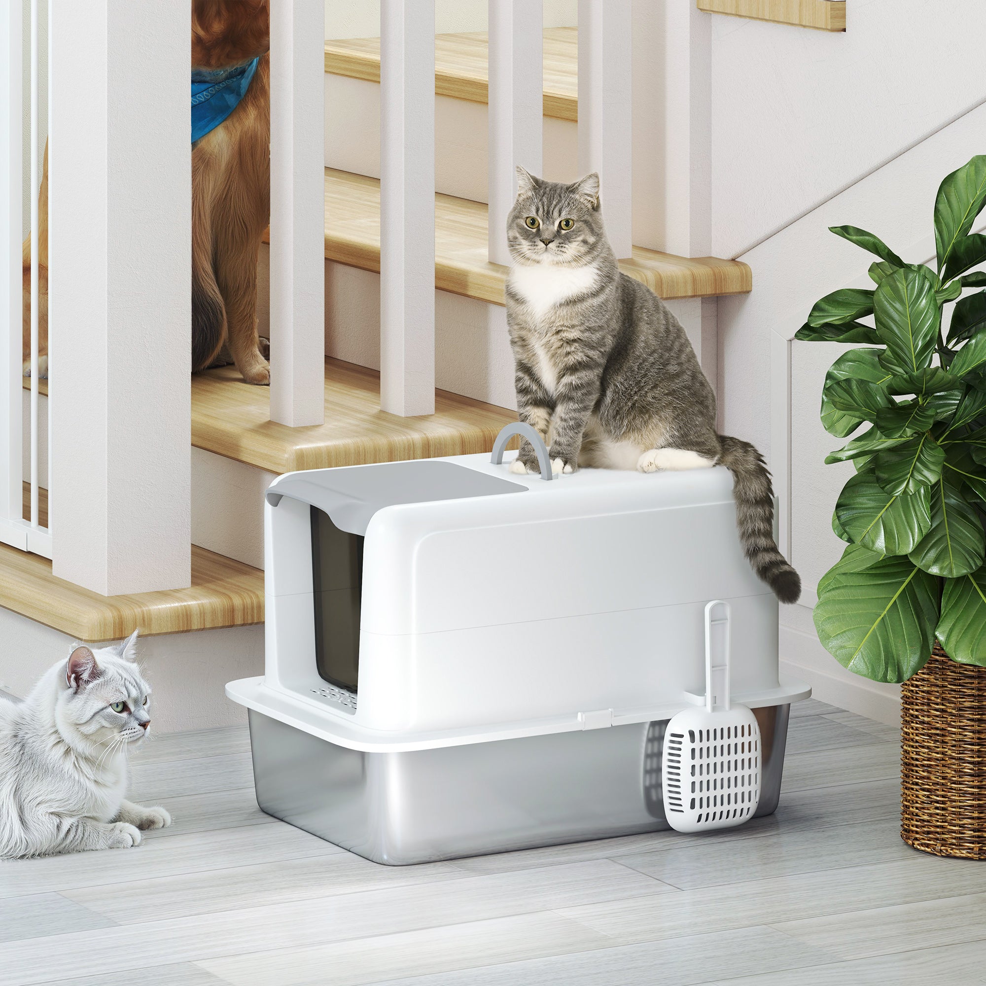 PawHut Stainless Steel Cat Litter Box w/ Removable Lid & Scoop, for Small to Large Cats, Easy to Clean, White