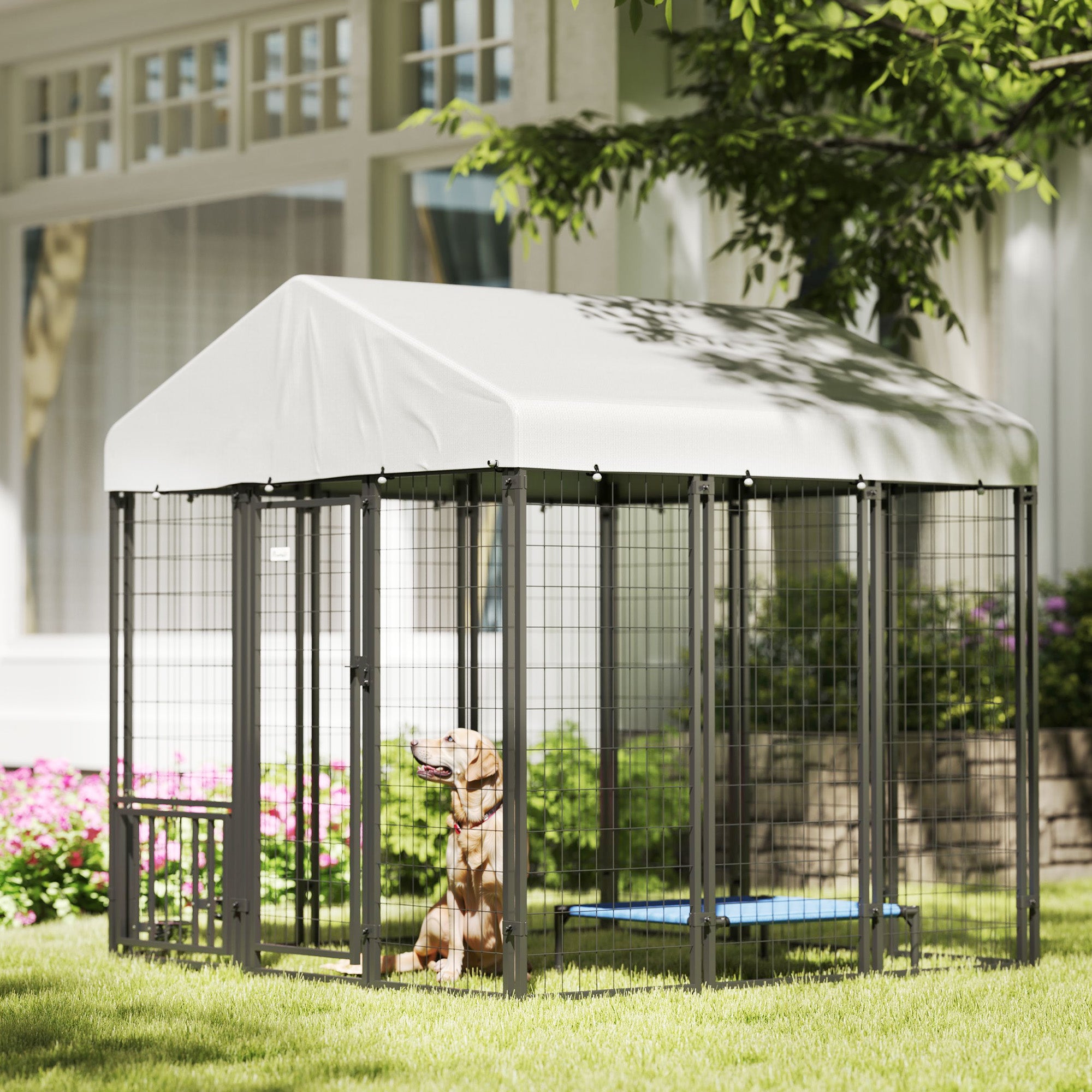 PawHut Outdoor Dog Kennel with Waterproof UV-Resistant Cover, Rotating & 4-Level Adjustable Feeding Bowls, 5.9 x 5.9 x 6 ft
