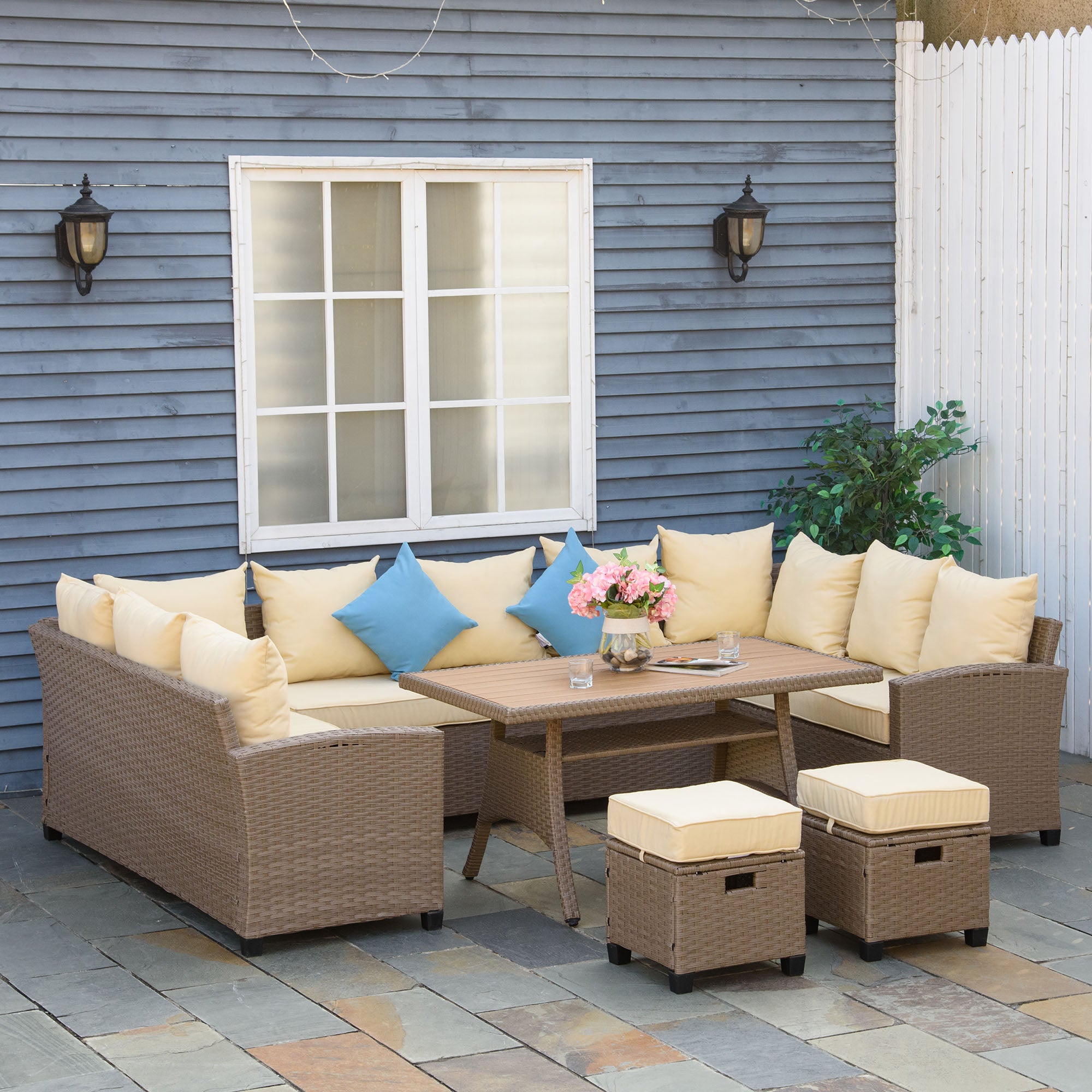 Outsunny 6 Pieces Patio Furniture Set, Outdoor Wicker Sofa Set, All Weather PE Rattan Conversation Furniture, with Strip Wood Grain Plastic Coffee Table & Cushions, Khaki