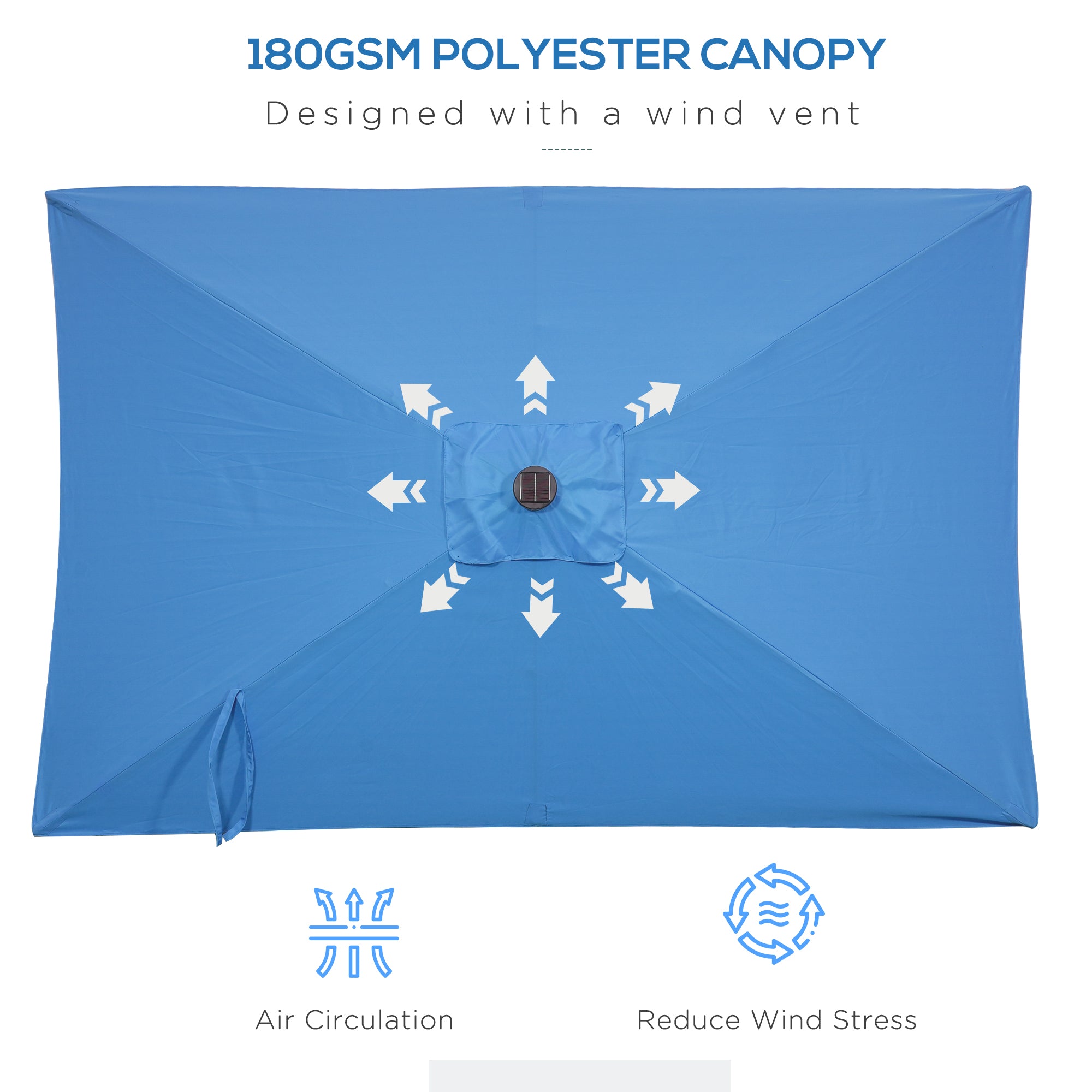 Outsunny 6' x 10' Patio Umbrella with 22 LED Solar Lights and Tilt, Rectangular Outdoor Table Umbrella with Crank, Light Blue