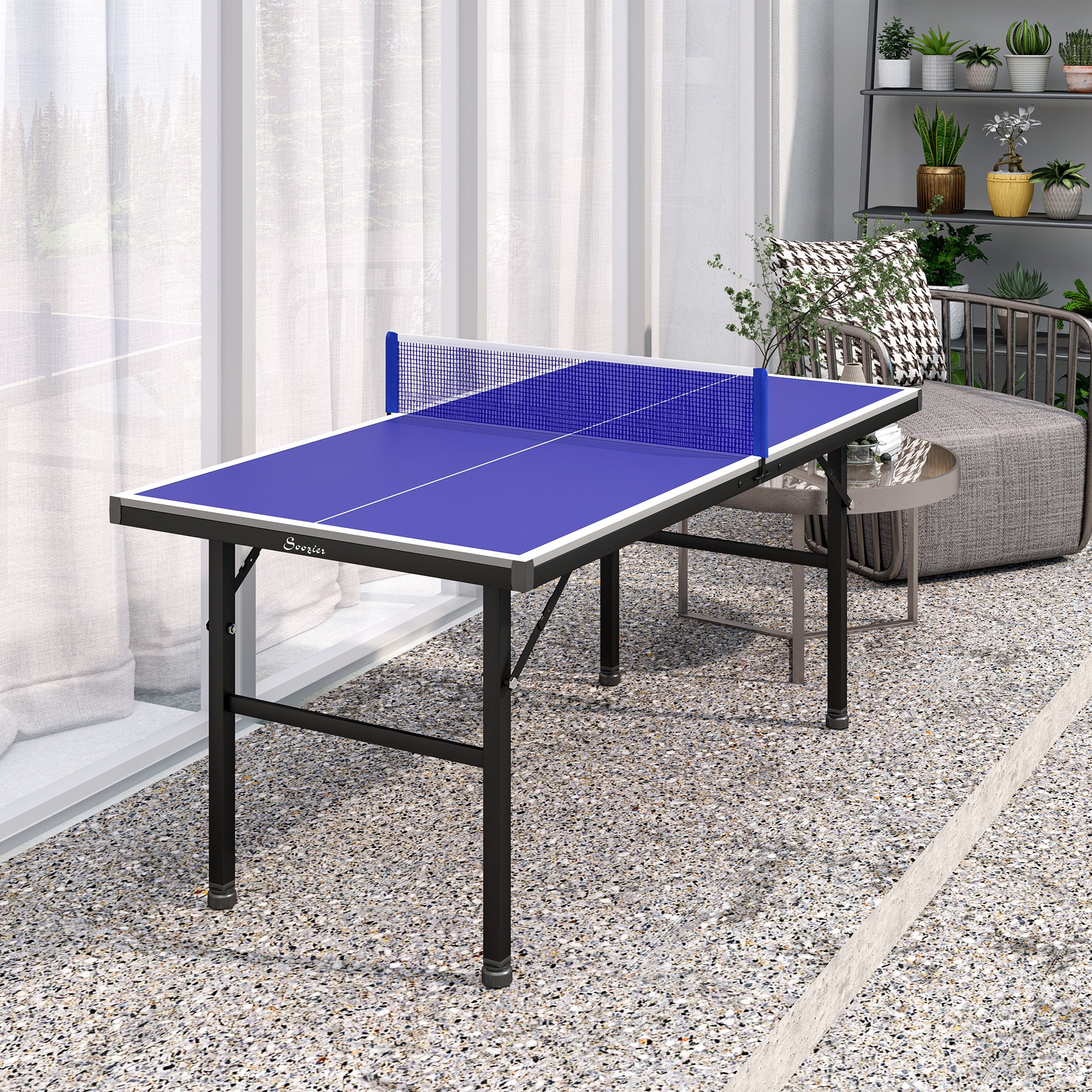 Soozier 5' x 2.5' Mini Ping Pong Table with Professional UV Treated Tabletop, Foldable Table Tennis Table with Adjustable Feet and Net for Outdoor and Indoor, Blue