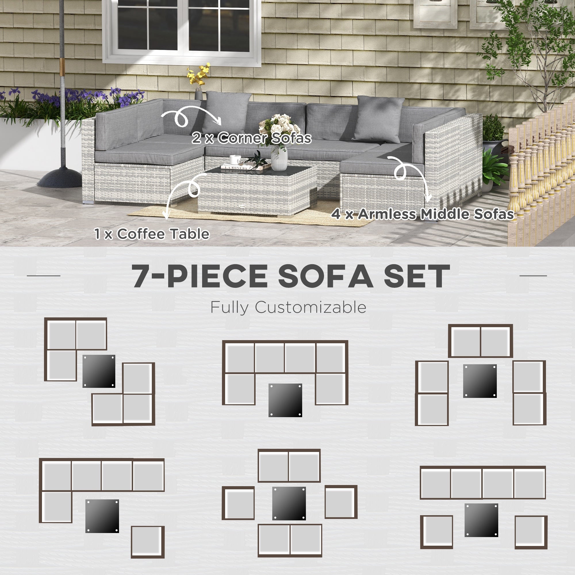 Outsunny 7pc Garden Wicker Sectional Set w/ Tea Table Patio Rattan Lounge Sofa Outdoor Deck Furniture Grey
