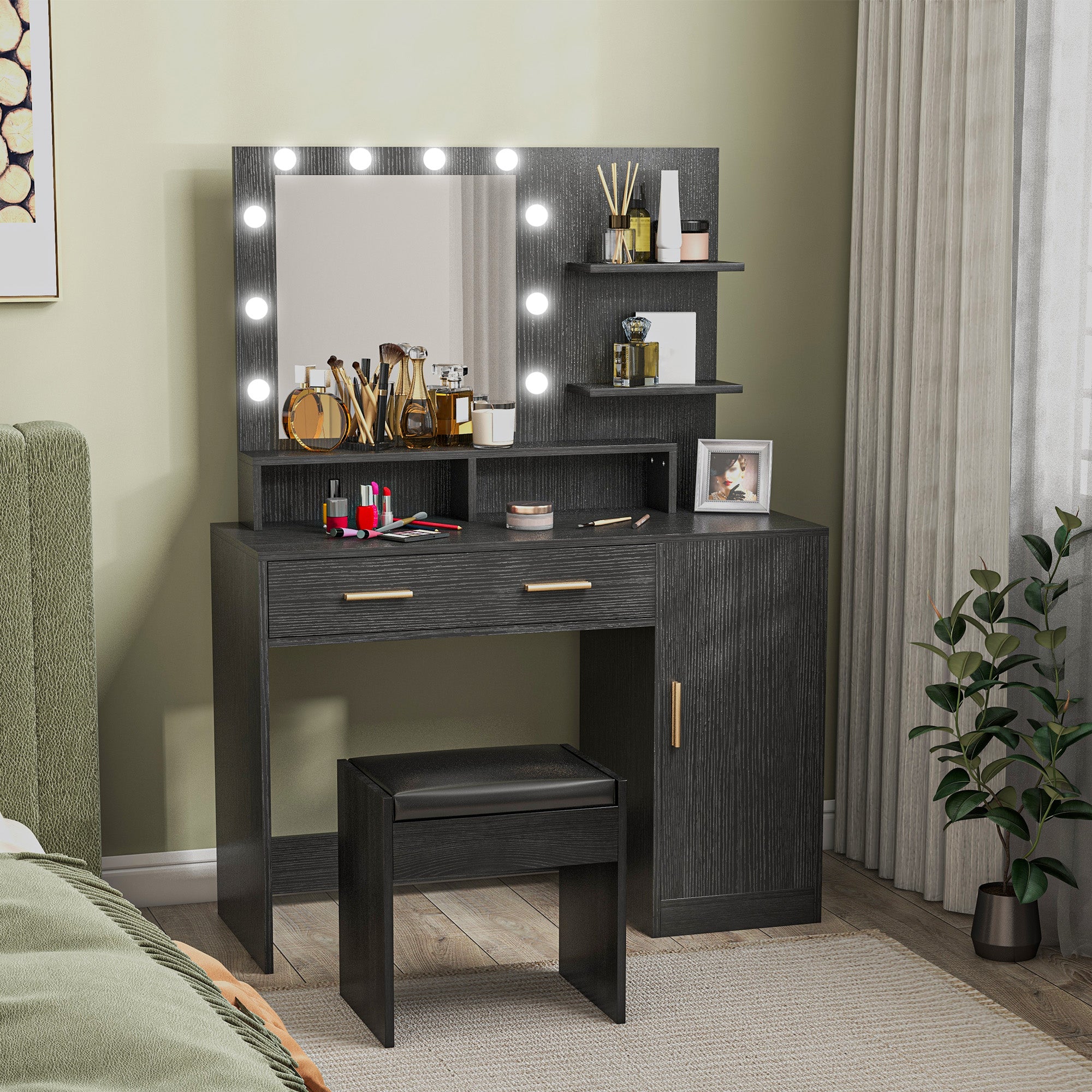 HOMCOM Illuminated Dressing Table Set, LED Vanity Table Set with Stool, LED Mirror, Drawer and Cabinet Shelves for Bedroom
