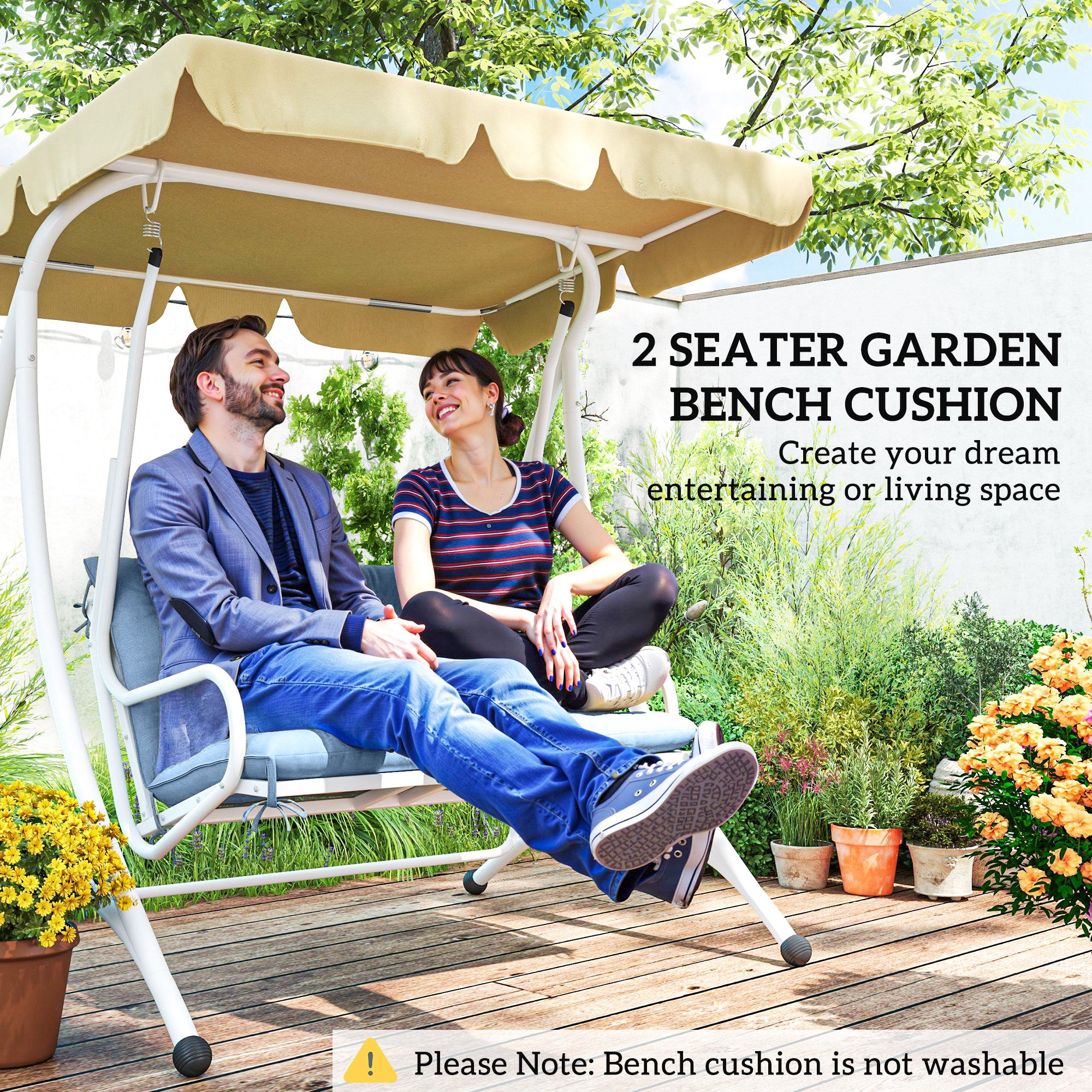 Outsunny Garden Bench Cushion with Backrest, Non-Slip 2 Seater Thick Pad with Ties, Blue