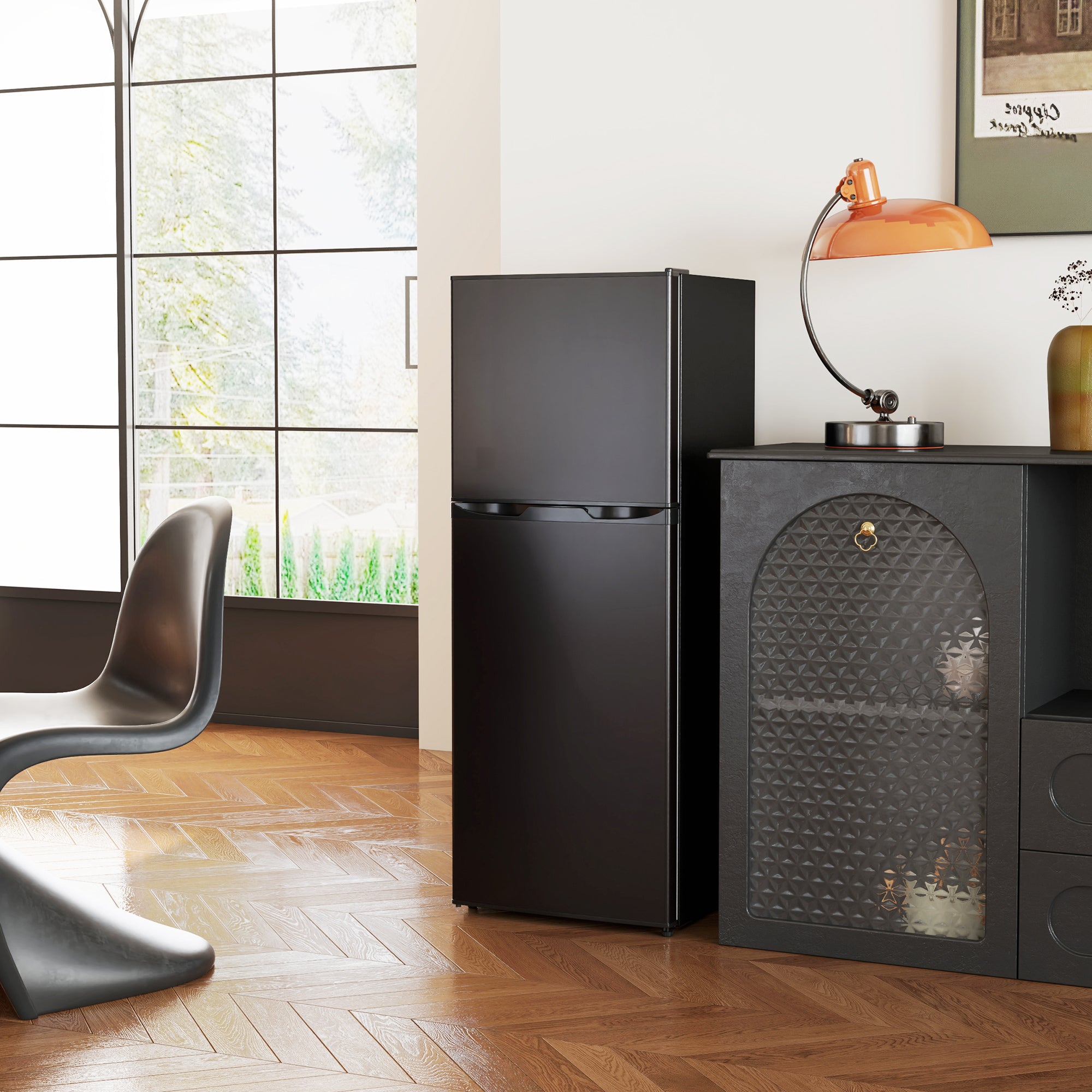 HOMCOM Double Door Mini Fridge with Freezer, 4.6 Cu.Ft Small Refrigerator with Thermostat, Shelves, Reversible Door, Black