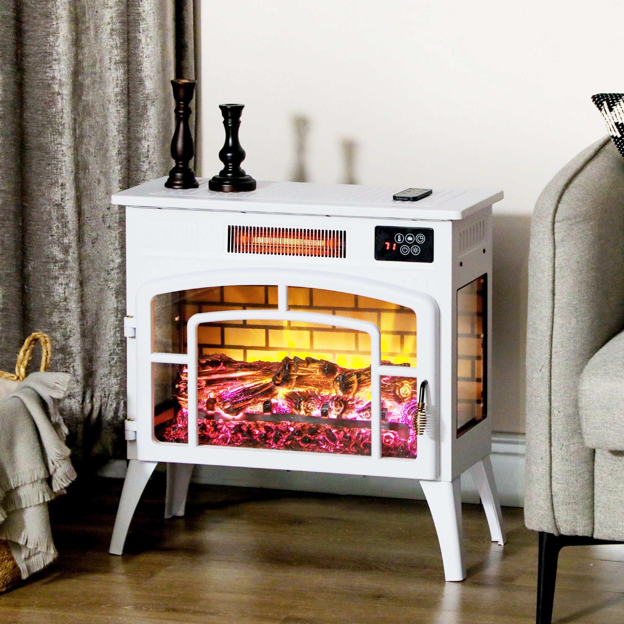 HOMCOM Electric Fireplace Stove, Infrared Fireplace Heater with Realistic Flame, Adjustable Temperature, 1500W, White