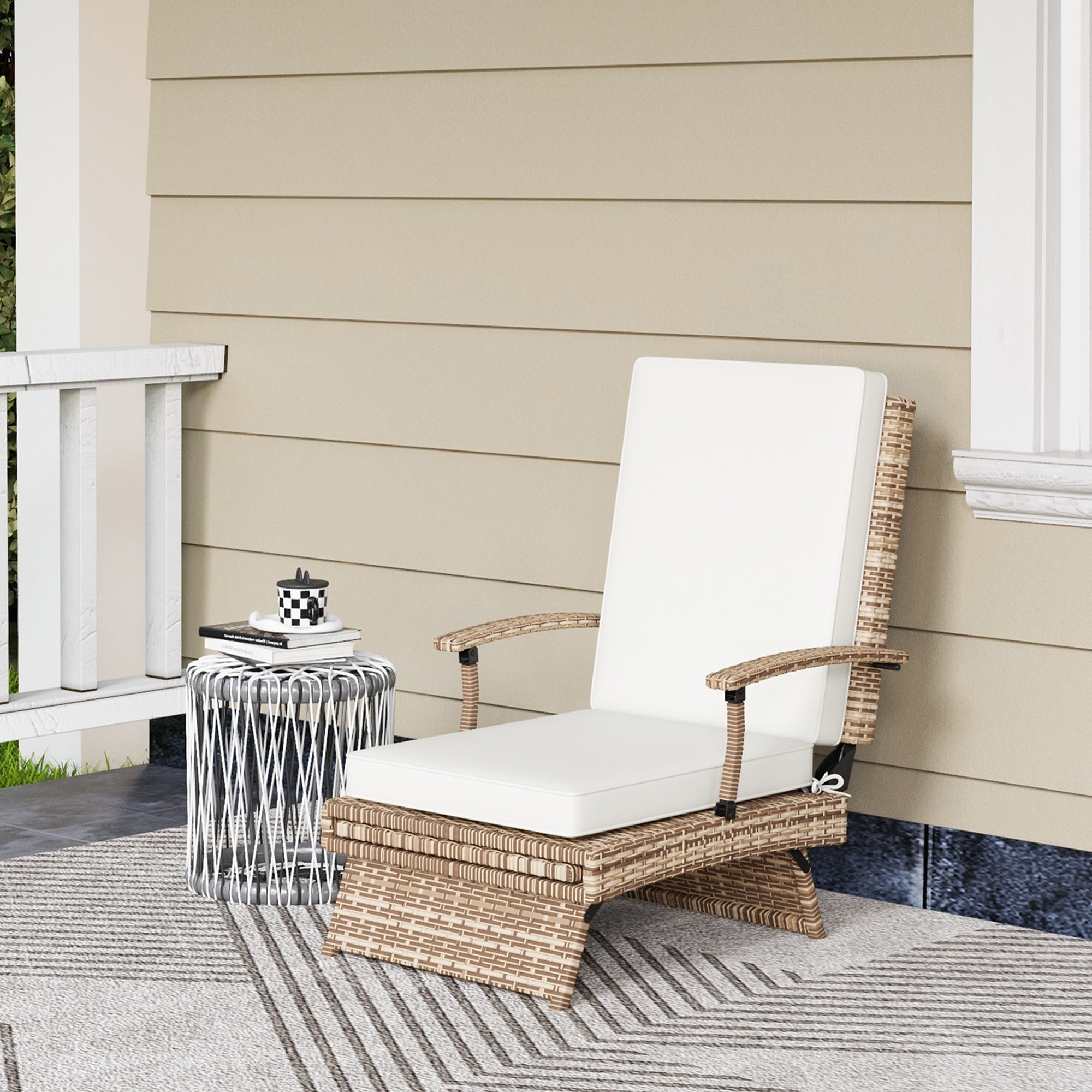 Outsunny Outdoor Wicker Foldable Recliner Chair with Retractable Footrest, Cushion, White