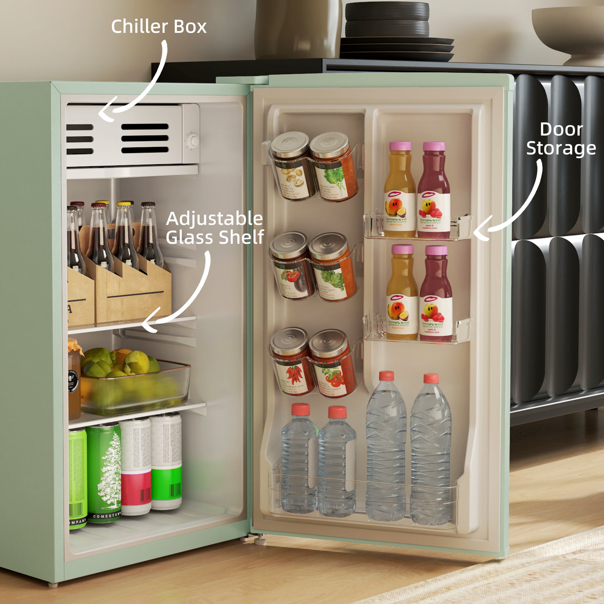 HOMCOM Retro Mini Fridge, 3.1 Cu. Ft Single Door Compact Refrigerator with Adjustable Thermostat, 2 Glass Shelves, Green