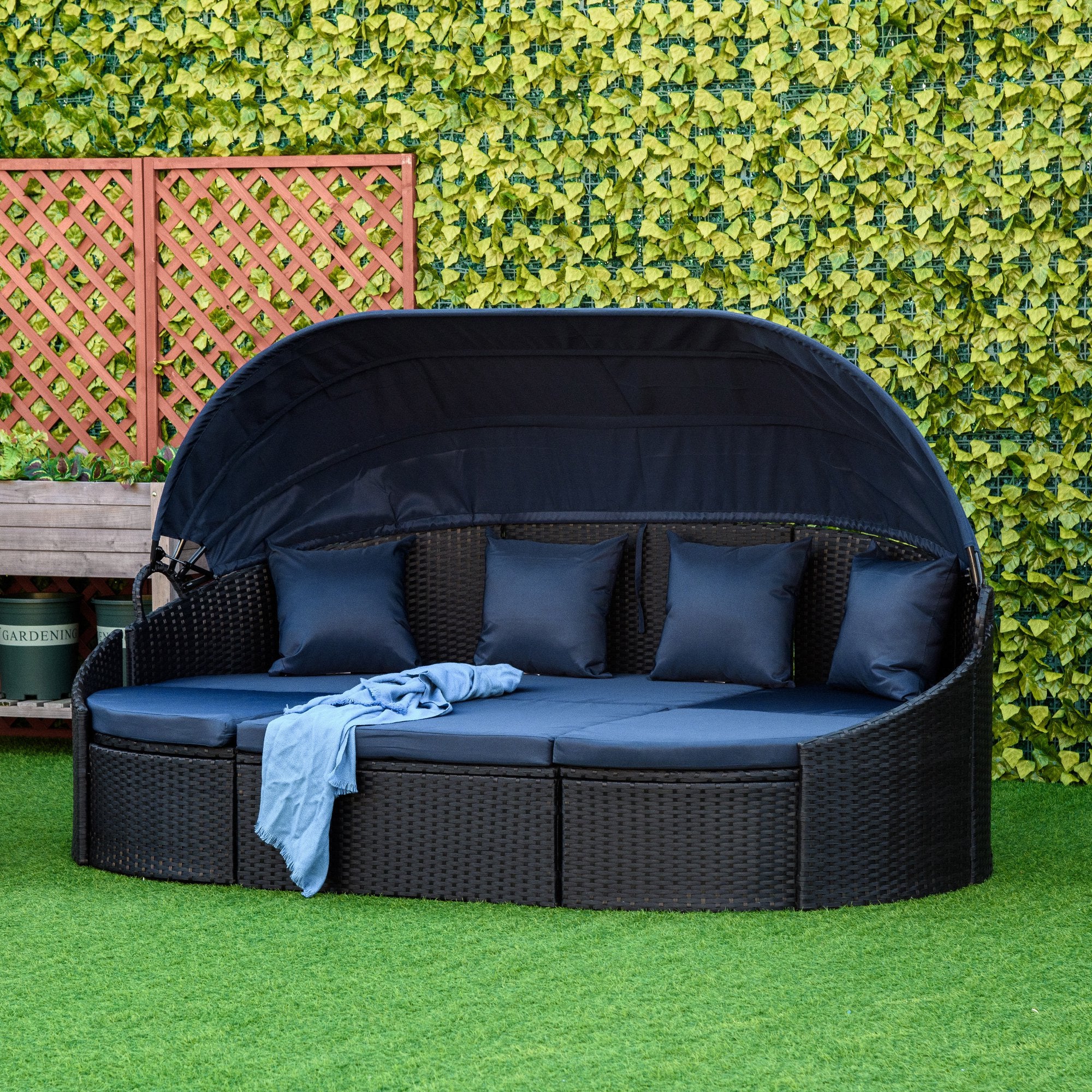Outsunny 4 Pieces Patio PE Wicker Round Daybed, Outdoor Rattan Garden Lounge Furniture Sets, Dark Blue
