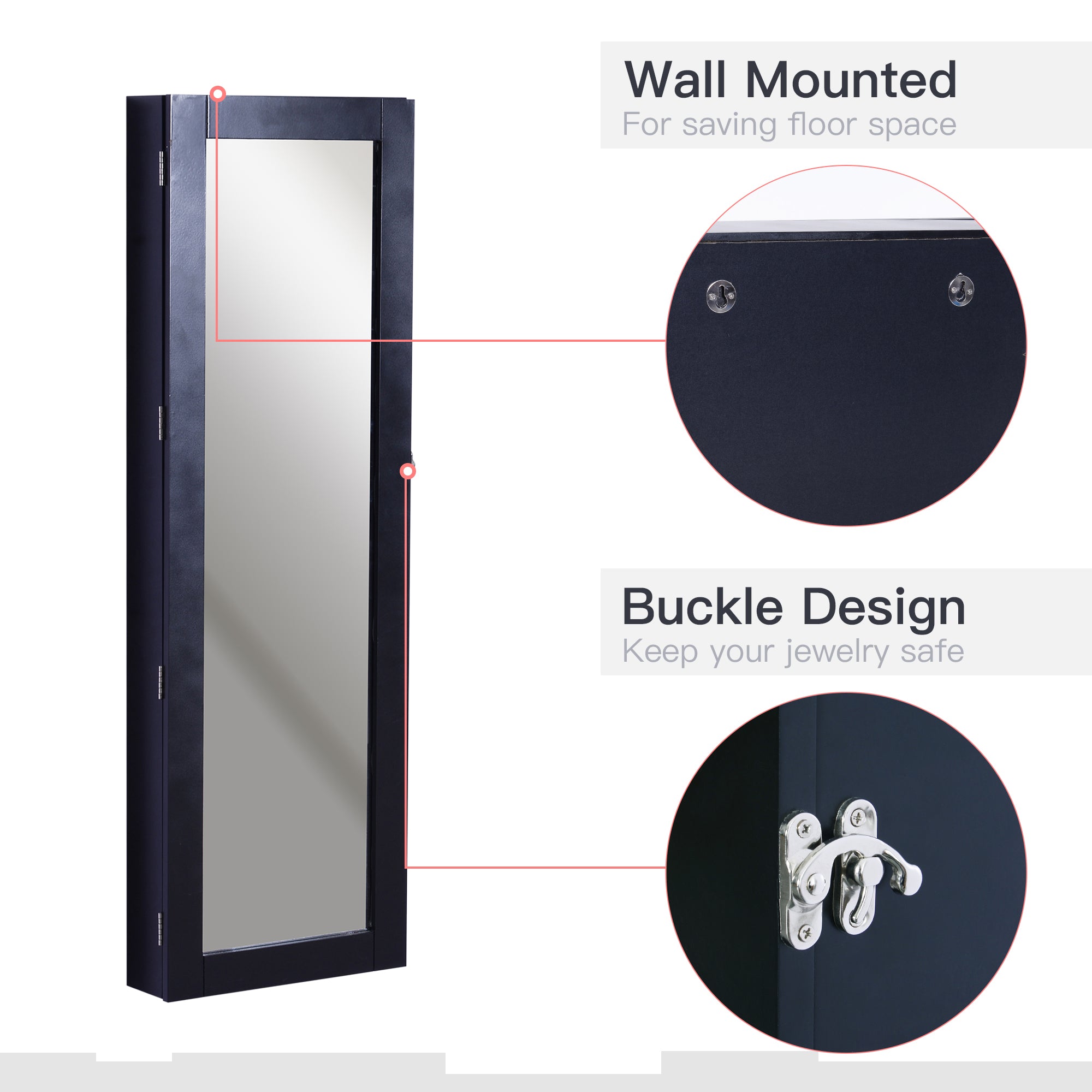 HOMCOM Mirrored Jewelry Cabinet Hanging Wall Mount Real Glass Mirror Locked (Black)