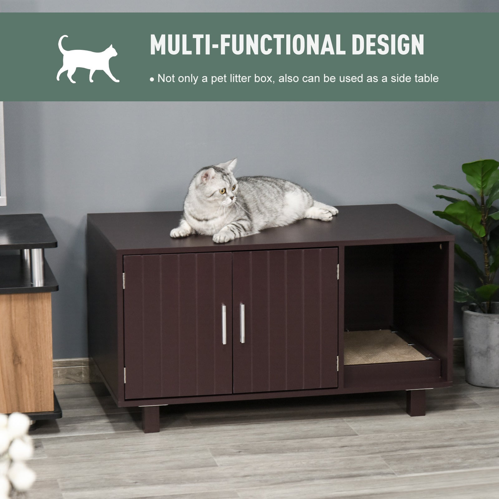 PawHut Cat Litter Box Enclosure, Hidden Litter Box Furniture, Cat House End Table Washroom with Scratching Pad, for Indoor Cats Kittens, Brown