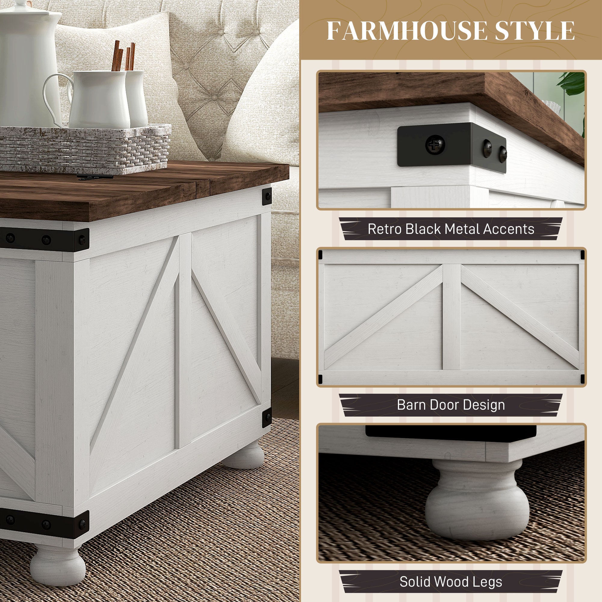 HOMCOM Coffee Table with Lift Top, 32" Farmhouse Center Table with Hidden Compartment for Living Room, Antique White
