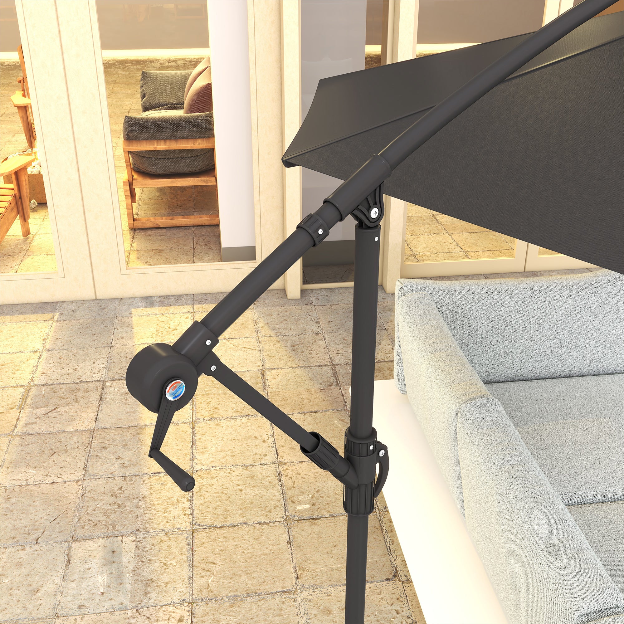 Outsunny 9.5' Offset Patio Umbrella Garden Parasol with Solar LED Lights and Weights, Dark Grey