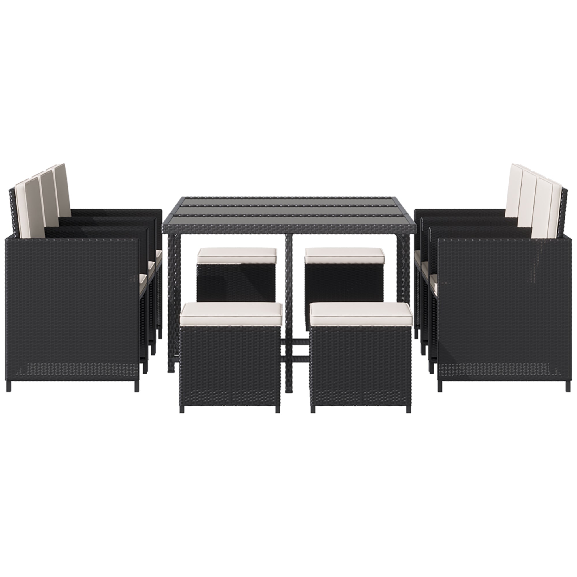 Outsunny 11 Pieces Wicker Patio Dining Set, Space-saving Outdoor Furniture Set with Removable Cushions, Glass Top Dining Table, 6 Armchairs, 4 Ottomans, PE Rattan Conversation Set