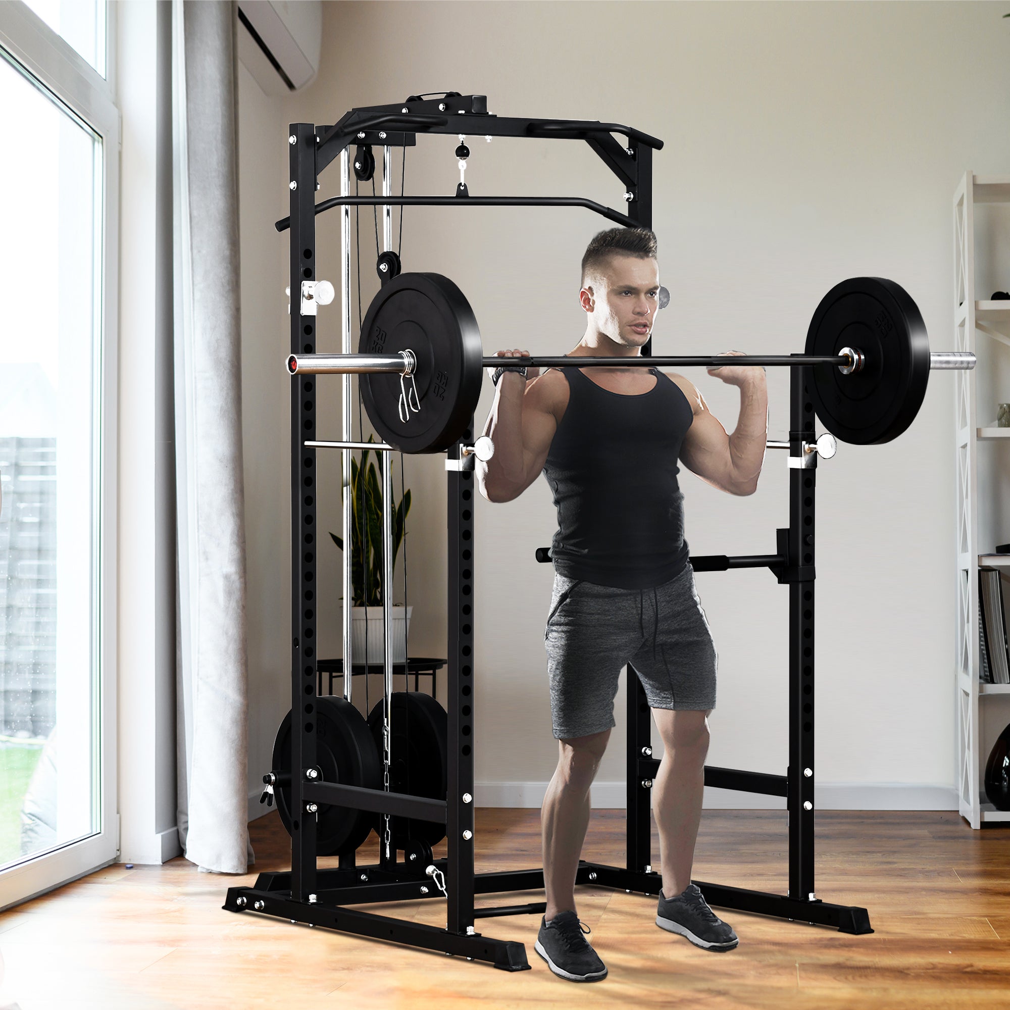 Soozier Power Cage, Power Rack with LAT Pulldown Attachment, Pull-up Bar, T Bar Row Landmine and Dip Handle, Strength Training Workout Station, for Home Gym, 800lbs Capacity