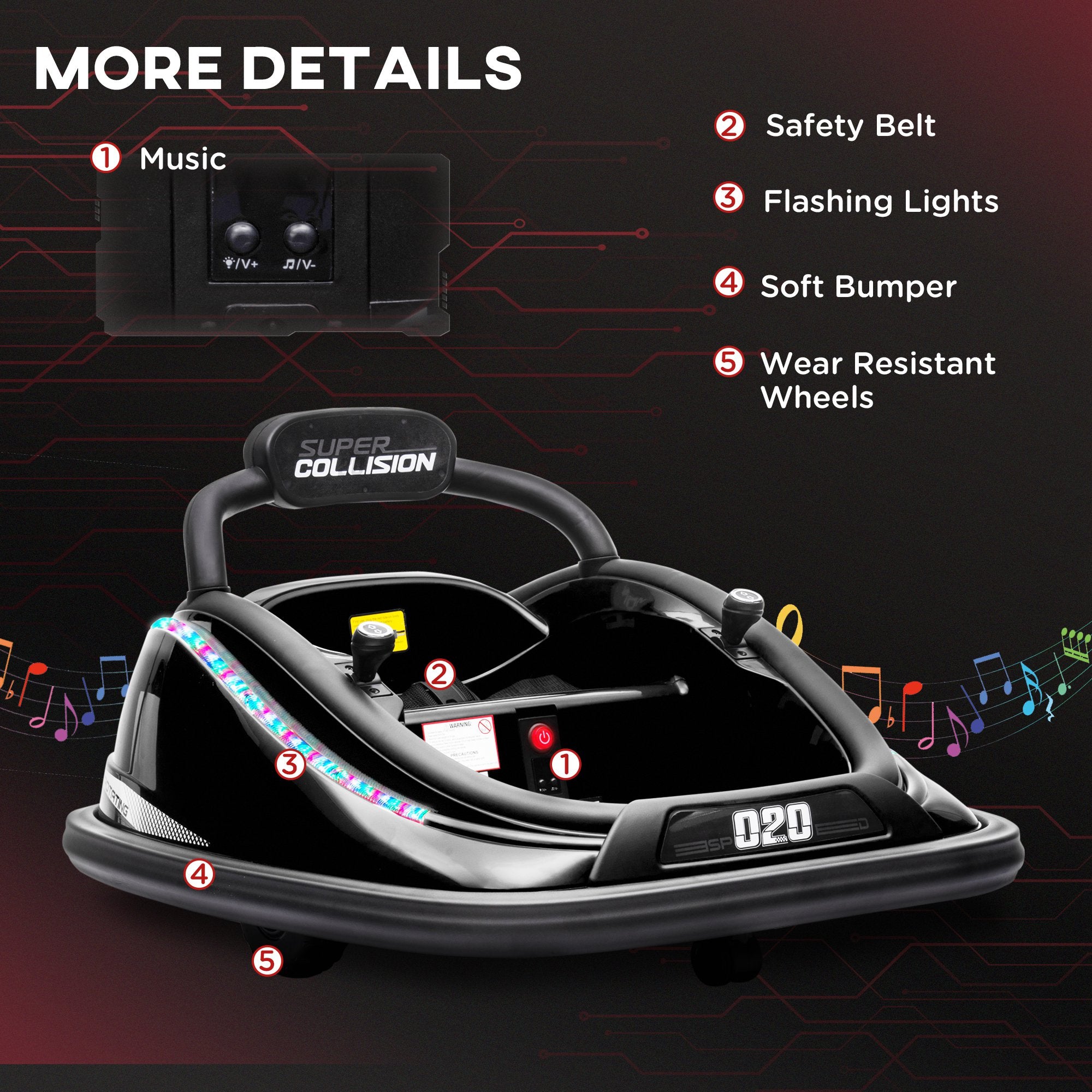 Aosom 12V Kids Bumper Car with Parent Remote Control, Safety Belt, Colorful LED Lights, for Boys and Girls, Black