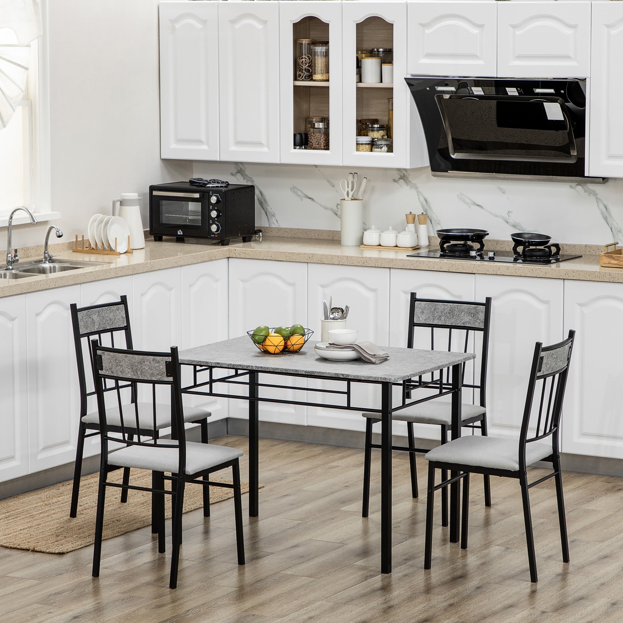 HOMCOM 5 Pieces Diner Tables Dining Room Sets for 4 People with Marble Effect Tabletop Padded Chairs and Metal Frame Grey