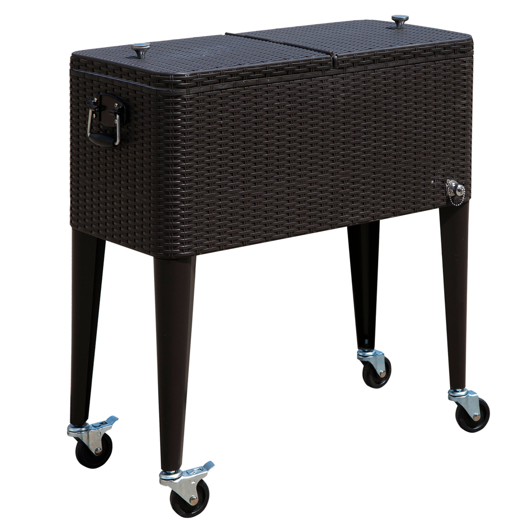 Outsunny 80 Quart Rattan Rolling Cooler Cart Portable Patio Ice Beer Beverage Cooling Bin for Outdoor Party w/ Bottle Opener, Brown Wicker