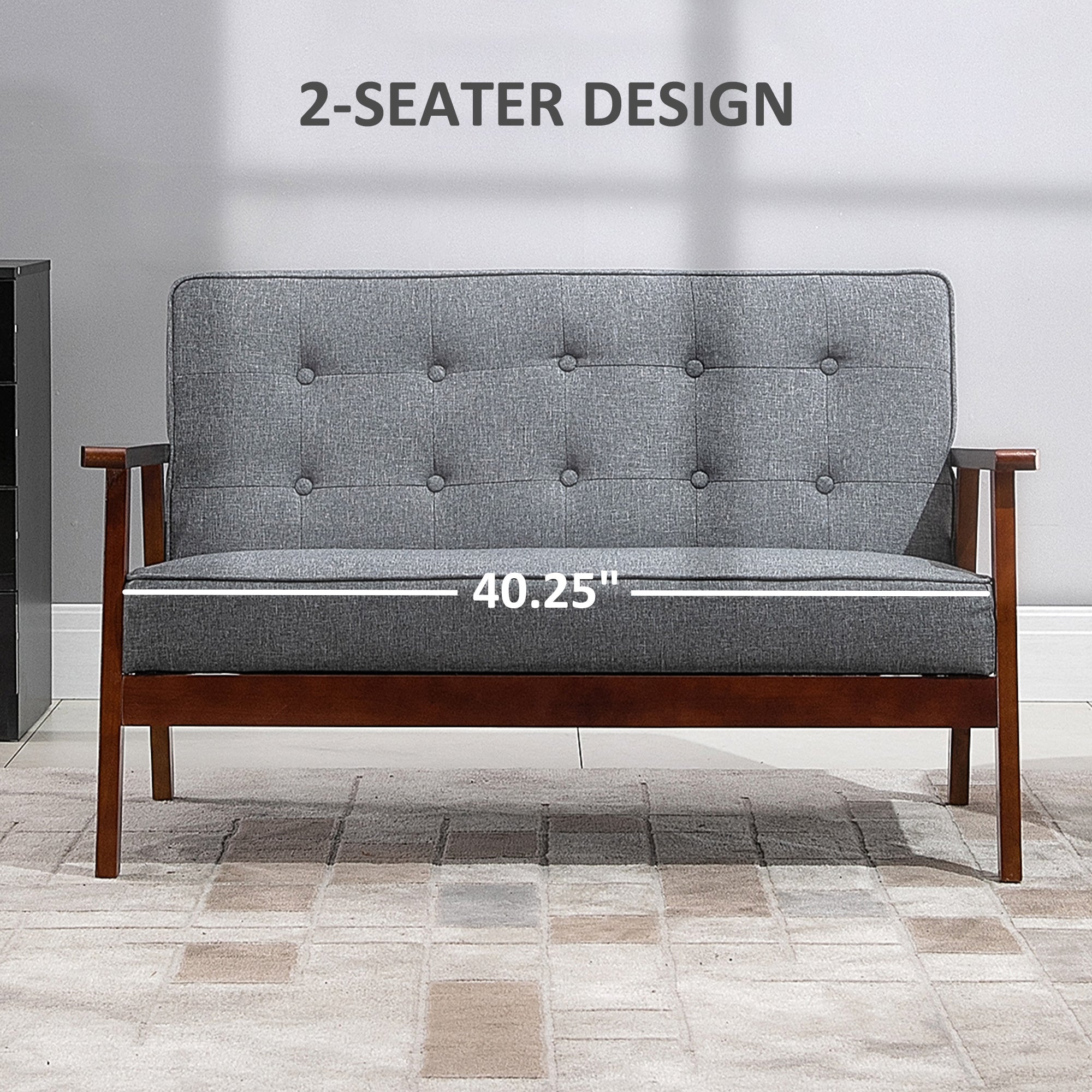 HOMCOM 44.5" 2 Seat Sofa for Bedroom, Modern Upholstered Loveseat with Button Tufted Back and Wood Legs, Grey