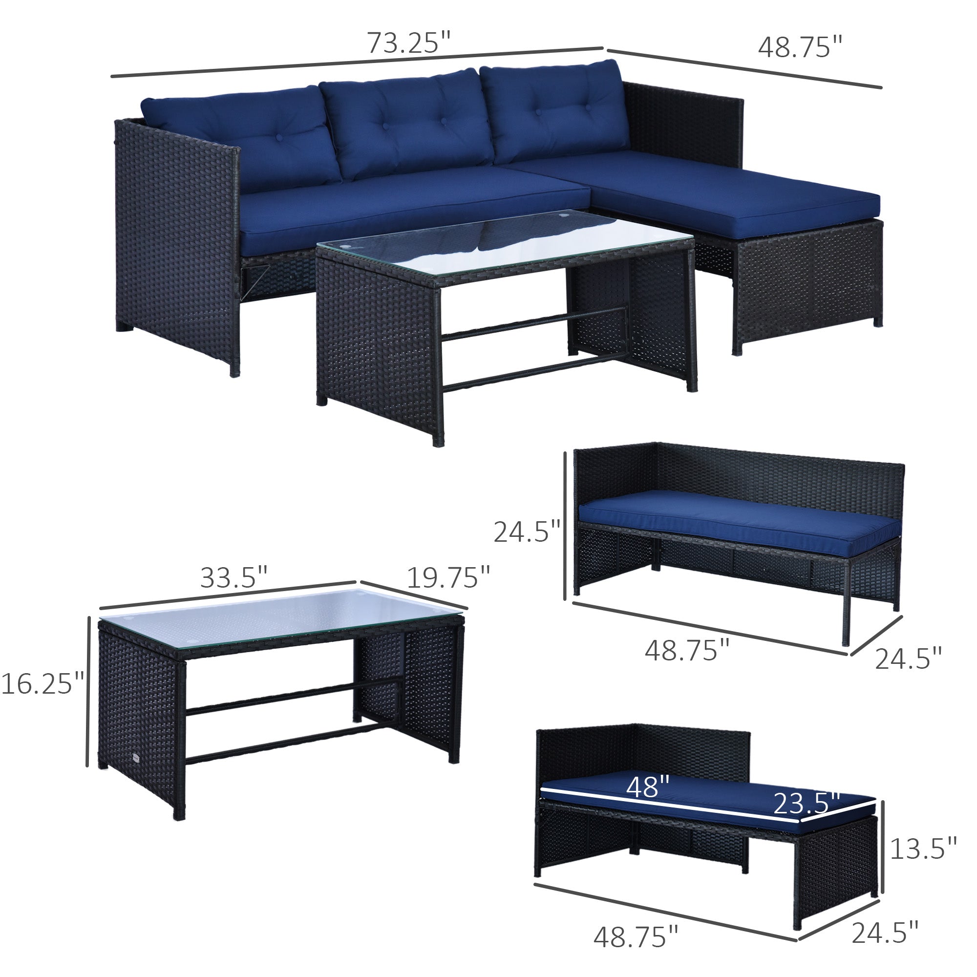 Outsunny 3pcs Outdoor Rattan Wicker Sofa and Chaise Lounge Set with Cushion Garden Patio Furniture Black and Dark Blue