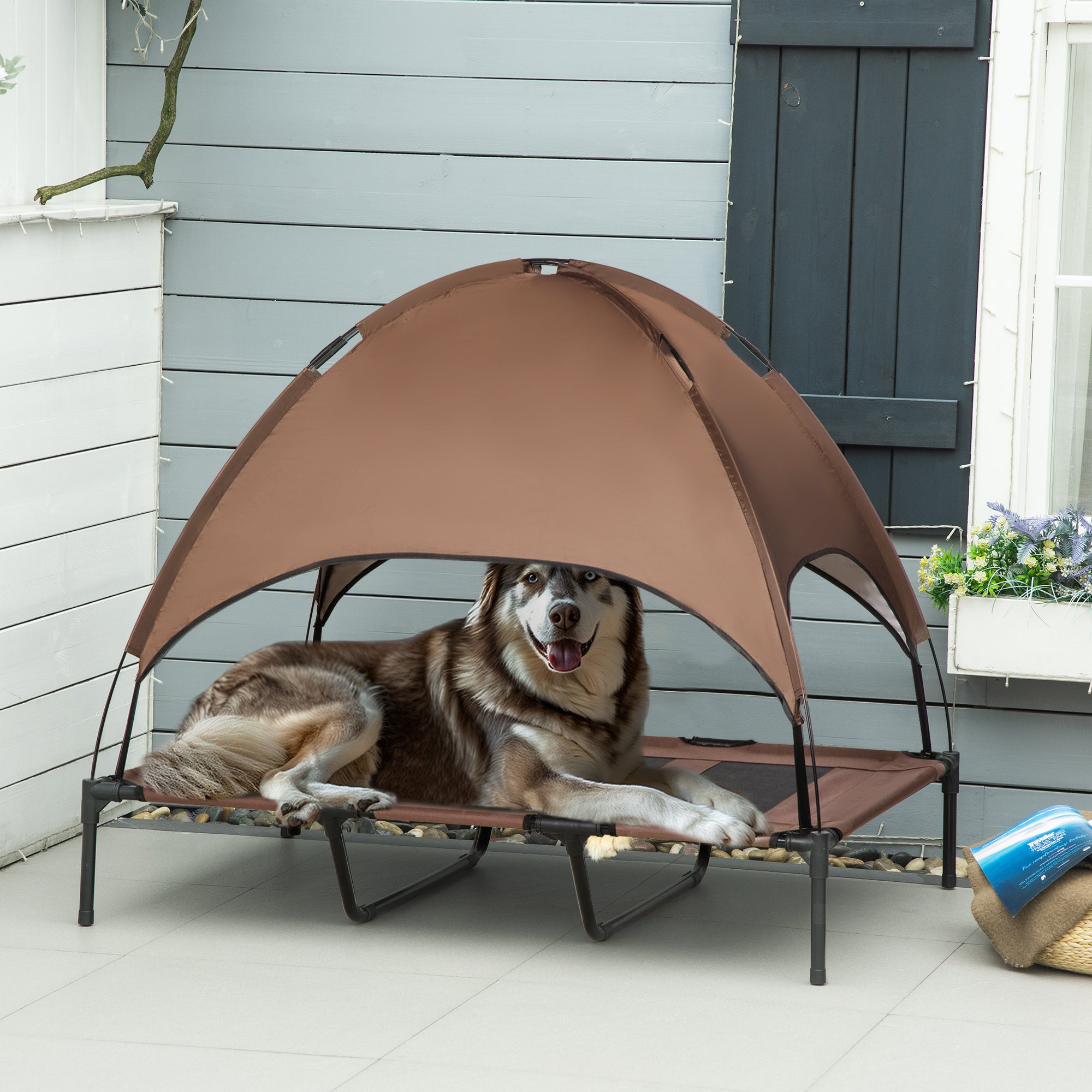 PawHut Elevated Dog Bed with Canopy, Portable Raised Dog Cot for XL Sized Dogs, Indoor & Outdoor, 48" x 36" x 43", Coffee