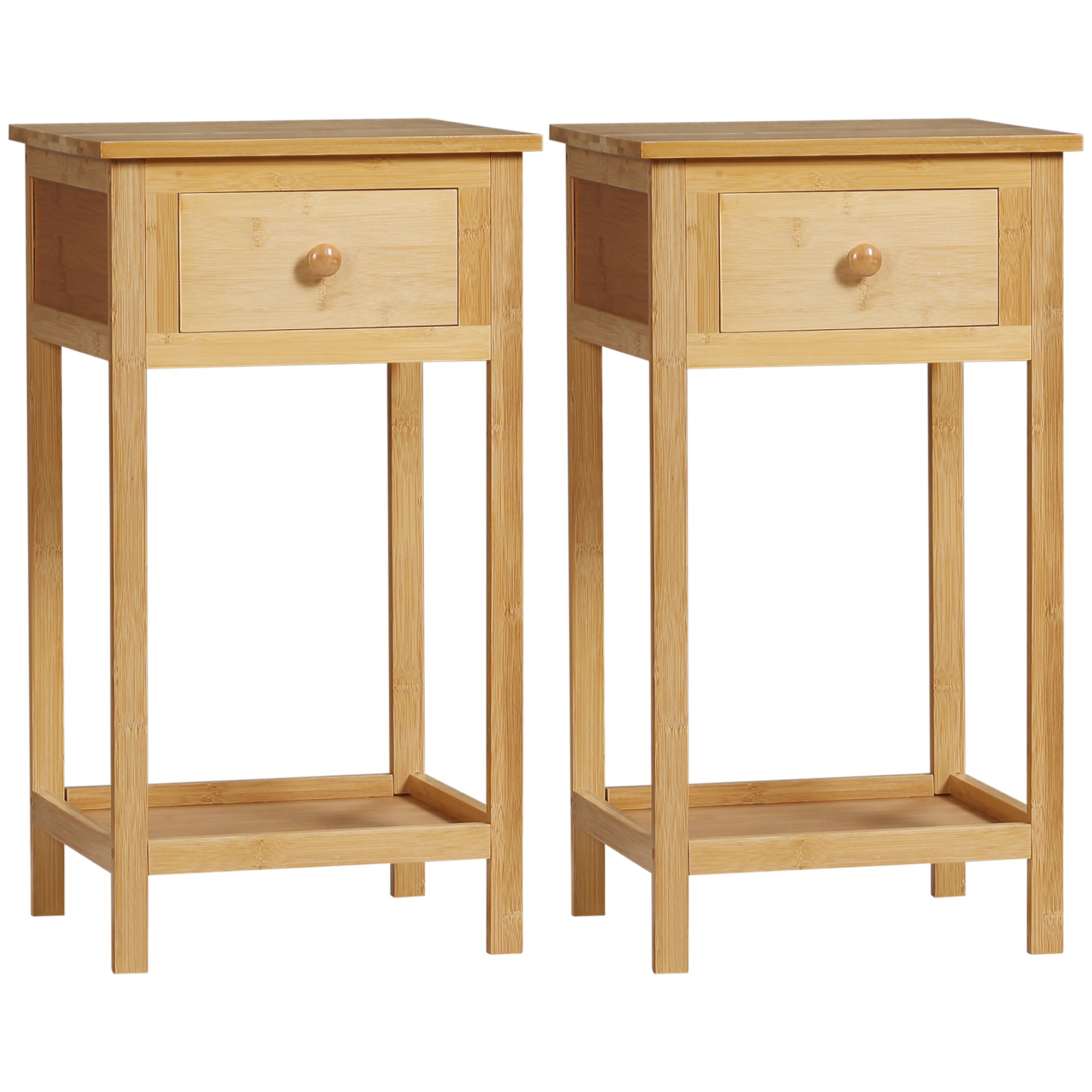 HOMCOM Bamboo Side Table with Drawer and Storage Shelf, Slim End Table Nightstand for Small Spaces, Natural