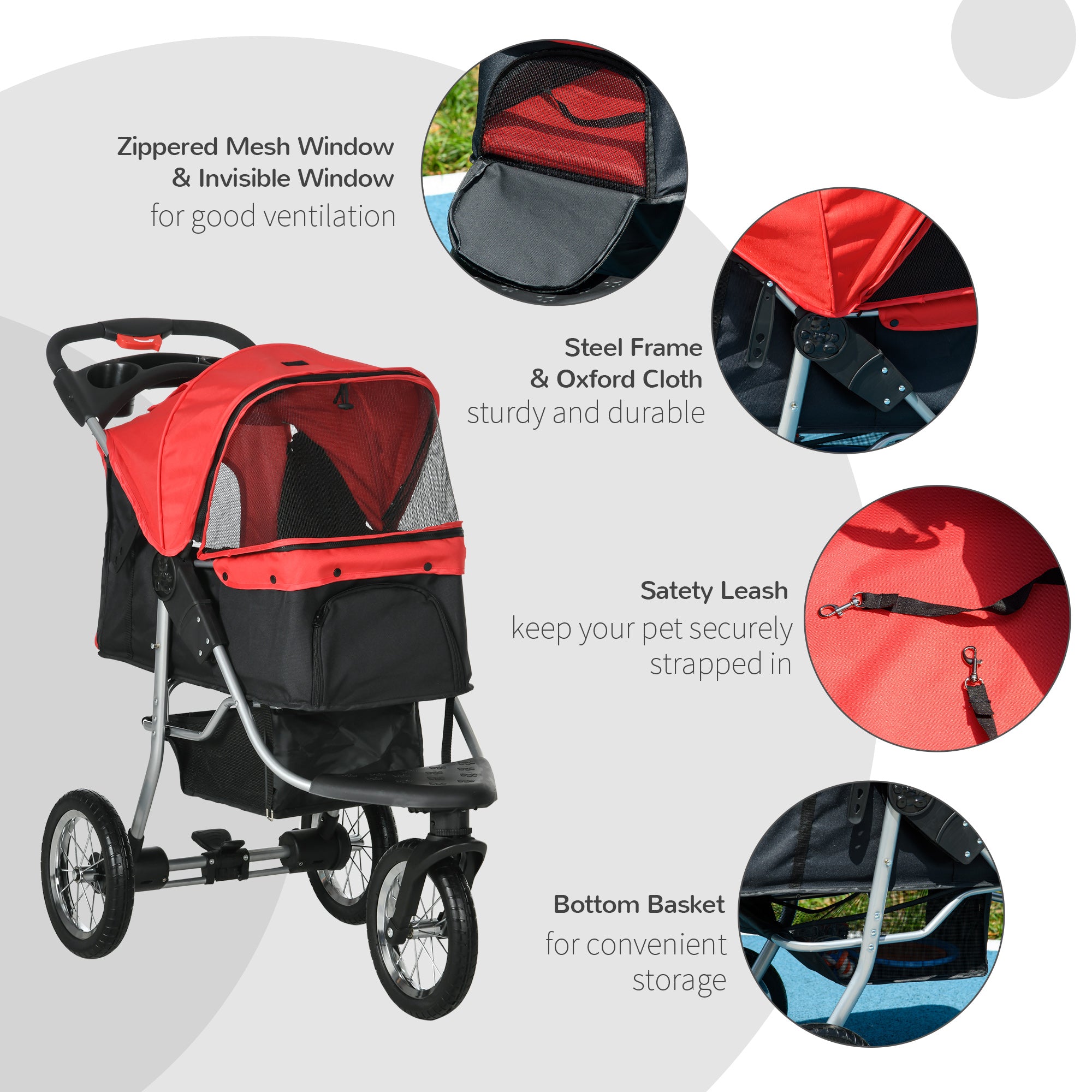PawHut Luxury Pet Stroller Lightweight Dog Cat Travel Carriage with 3-Rubber Wheels, One-click Folding Design, Adjustable Canopy, Zippered Mesh Window Door, Red