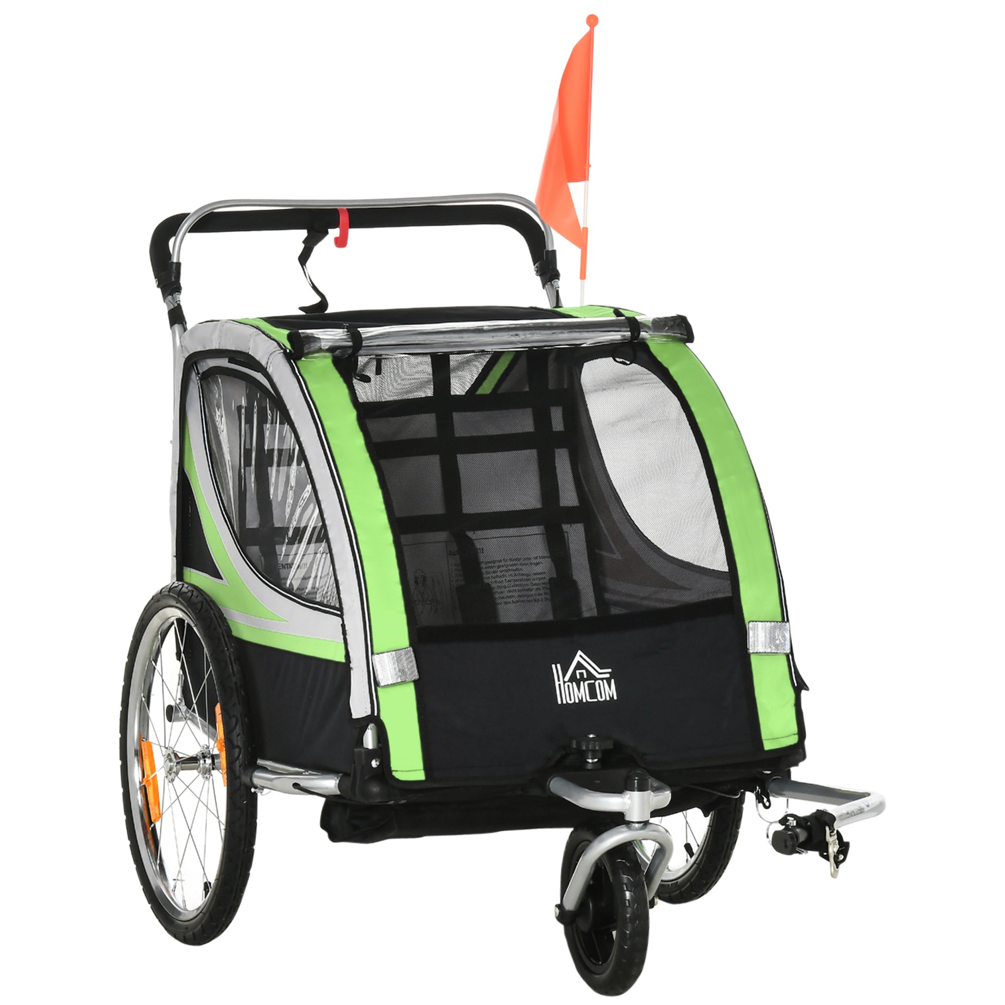 Aosom 2-in-1 Double Baby Jogging Stroller, Bike Trailer for Kids & Toddlers with Handbrake, 5 Point Harness, Waterproof Cover, Storage Bag, Safety Flag, Reflectors, Green