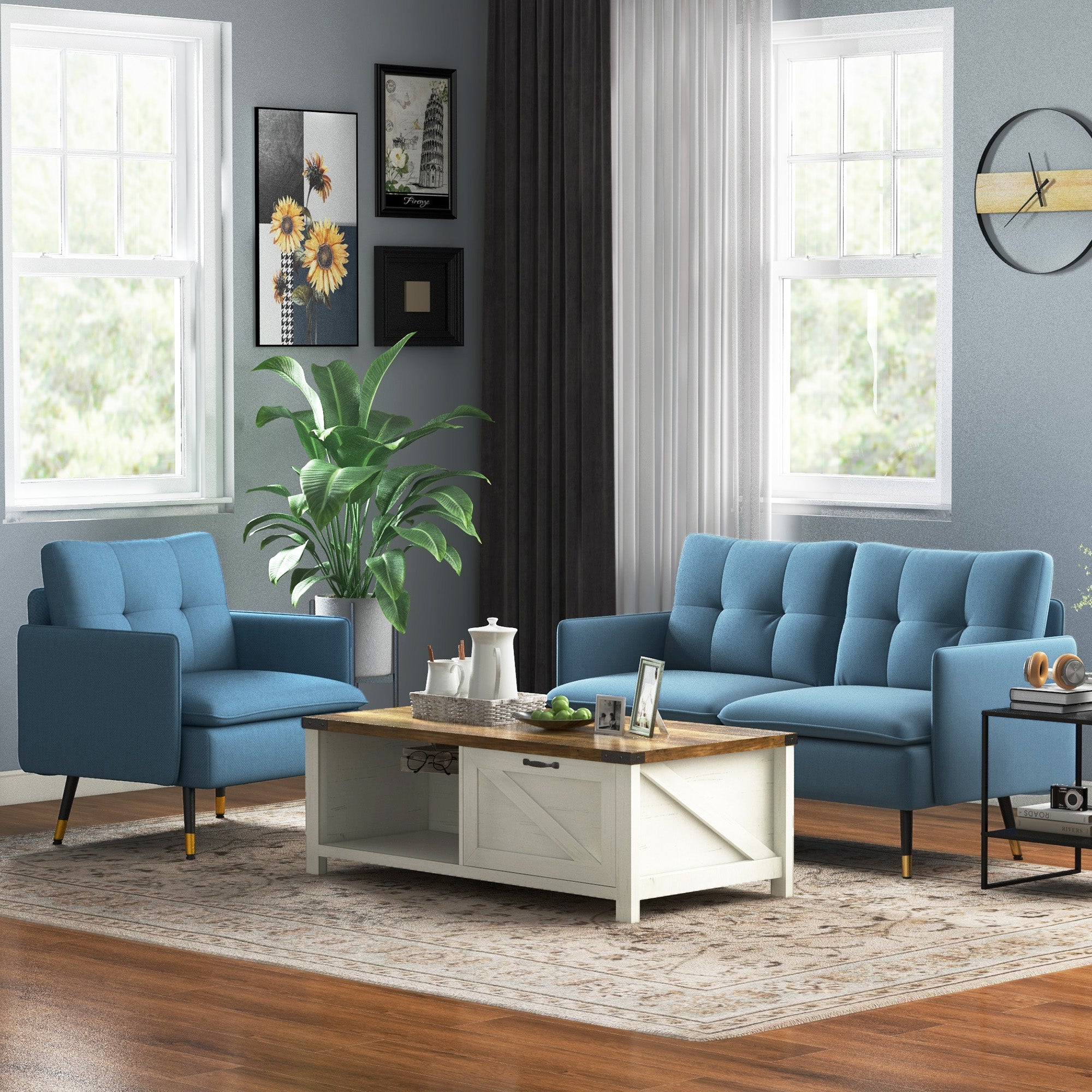 HOMCOM Modern Armchair, Upholstered Accent Chair with Tufted Back Cushion and Steel Legs for Living Room, Bedroom, Blue