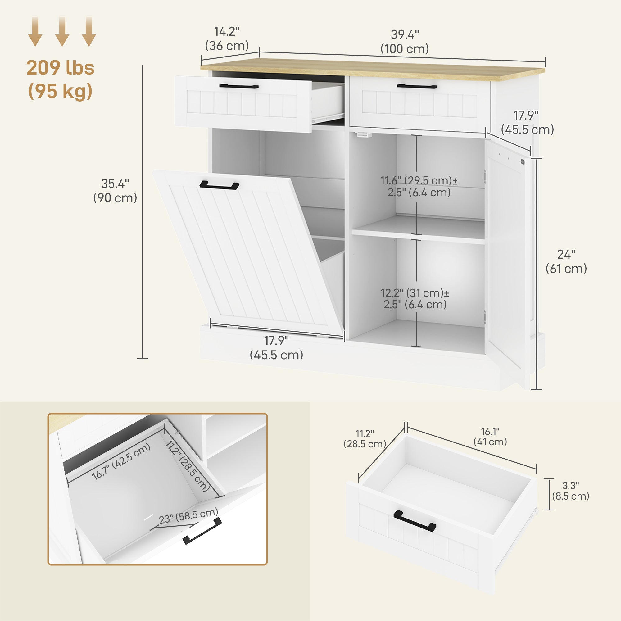 HOMCOM 10 Gallon Hidden Garbage Bin Cabinet, Tilt Out Trash Cabinet w/ 2 Drawers, Freestanding Kitchen Island, White