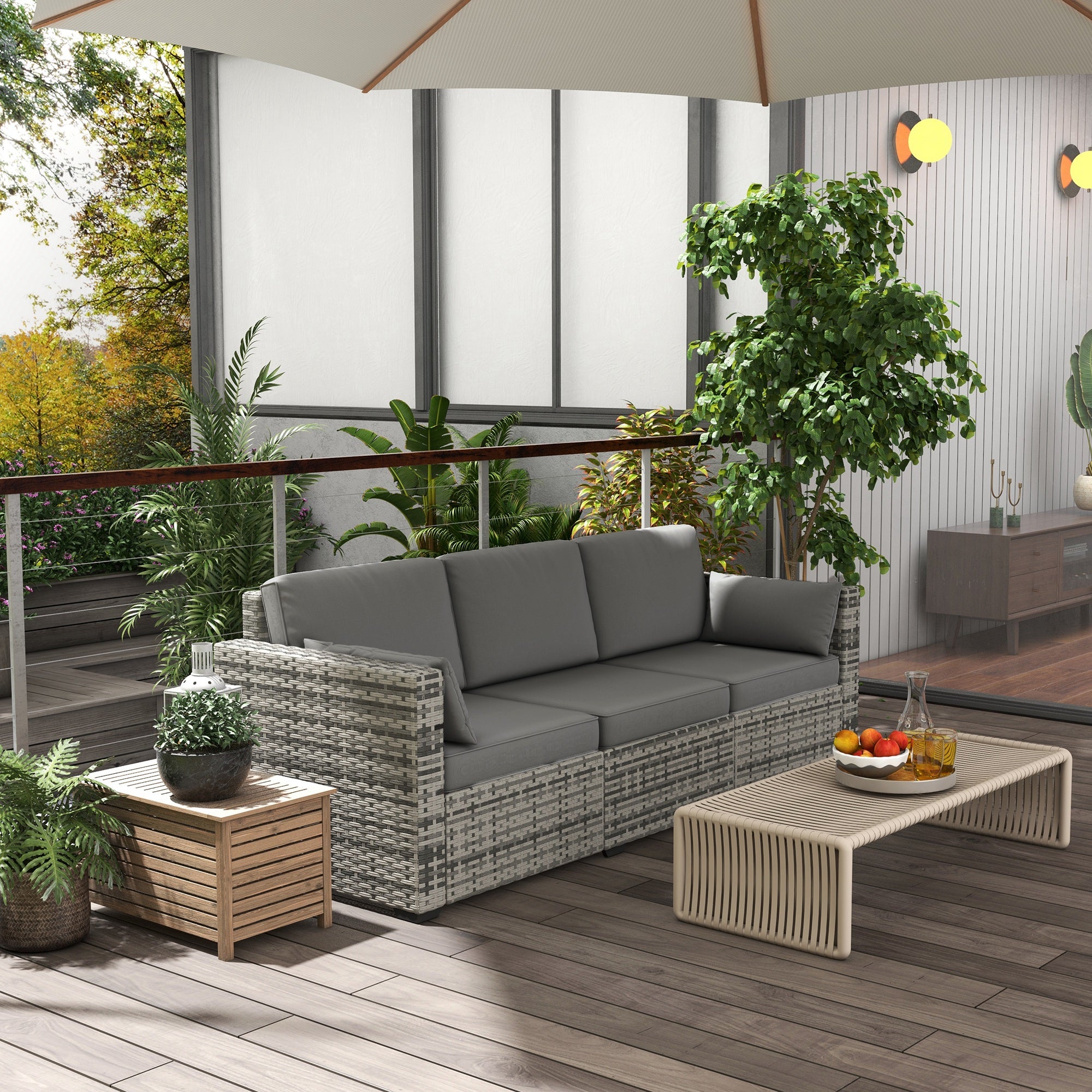 Outsunny 3-Seater Outdoor Sofa with Cushions, PE Rattan Conversation Patio Couch with Pillows for Garden, Poolside, Grey