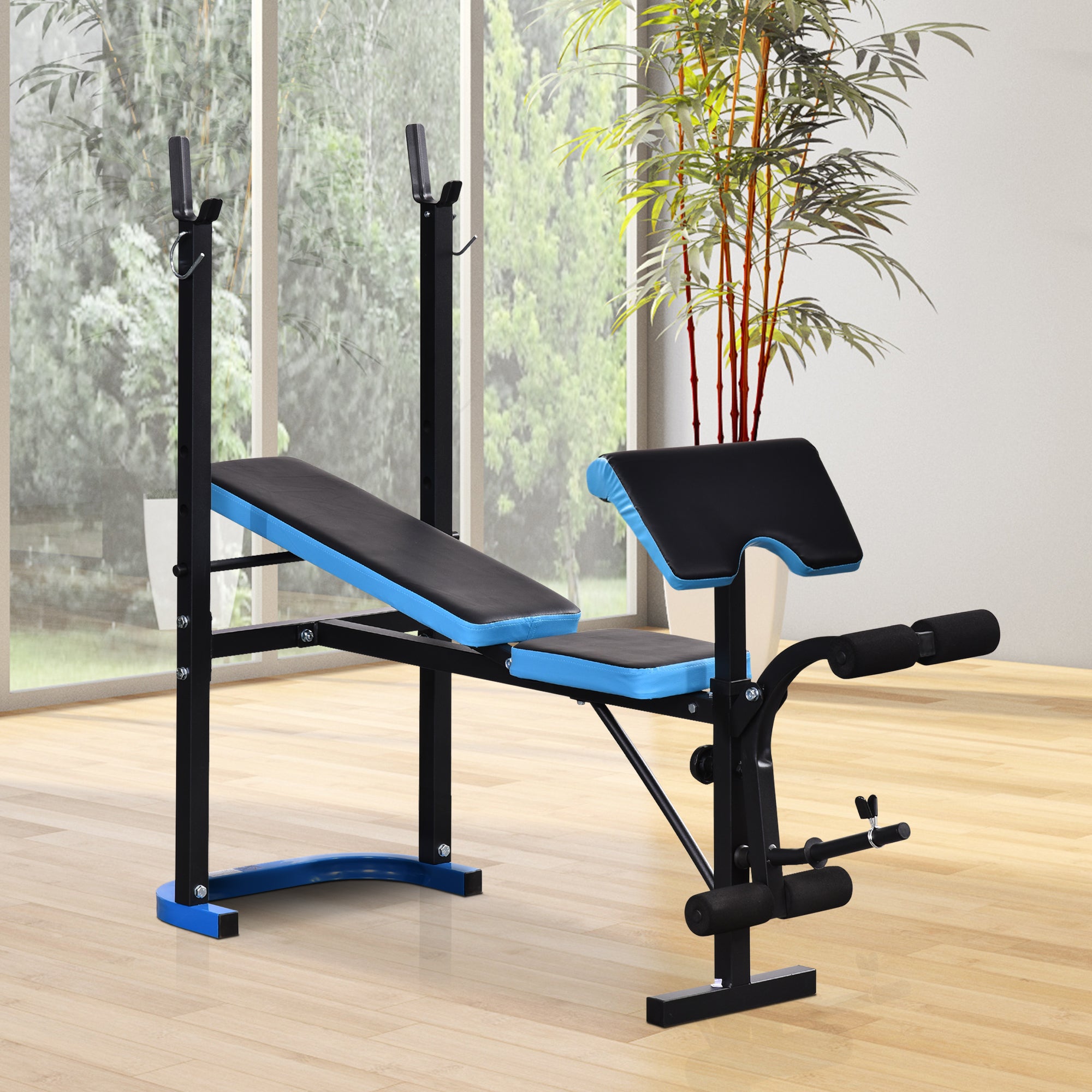 Soozier Adjustable Weight Bench with Barbell Rack and Leg Developer for Weight Lifting and Strength Training Multifunctional Workout Station for Home Gym Fitness, Black