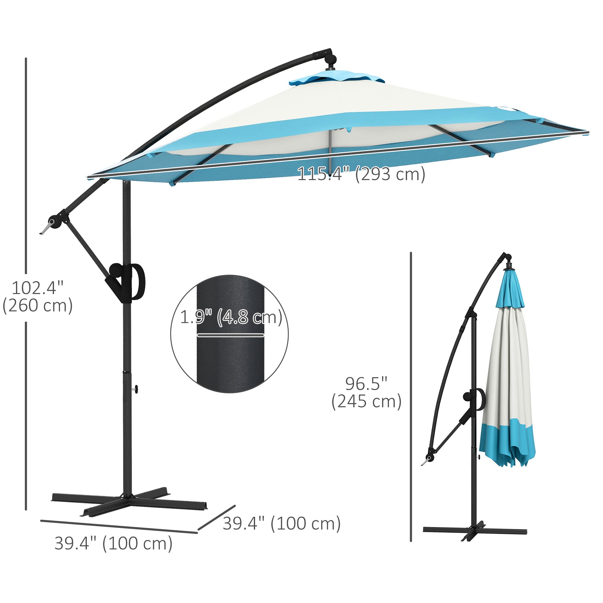 Outsunny 10 FT Cantilever Umbrella, Round Hanging Offset Umbrella with Crank, Tilt and Cross Base for Garden, Backyard, Blue
