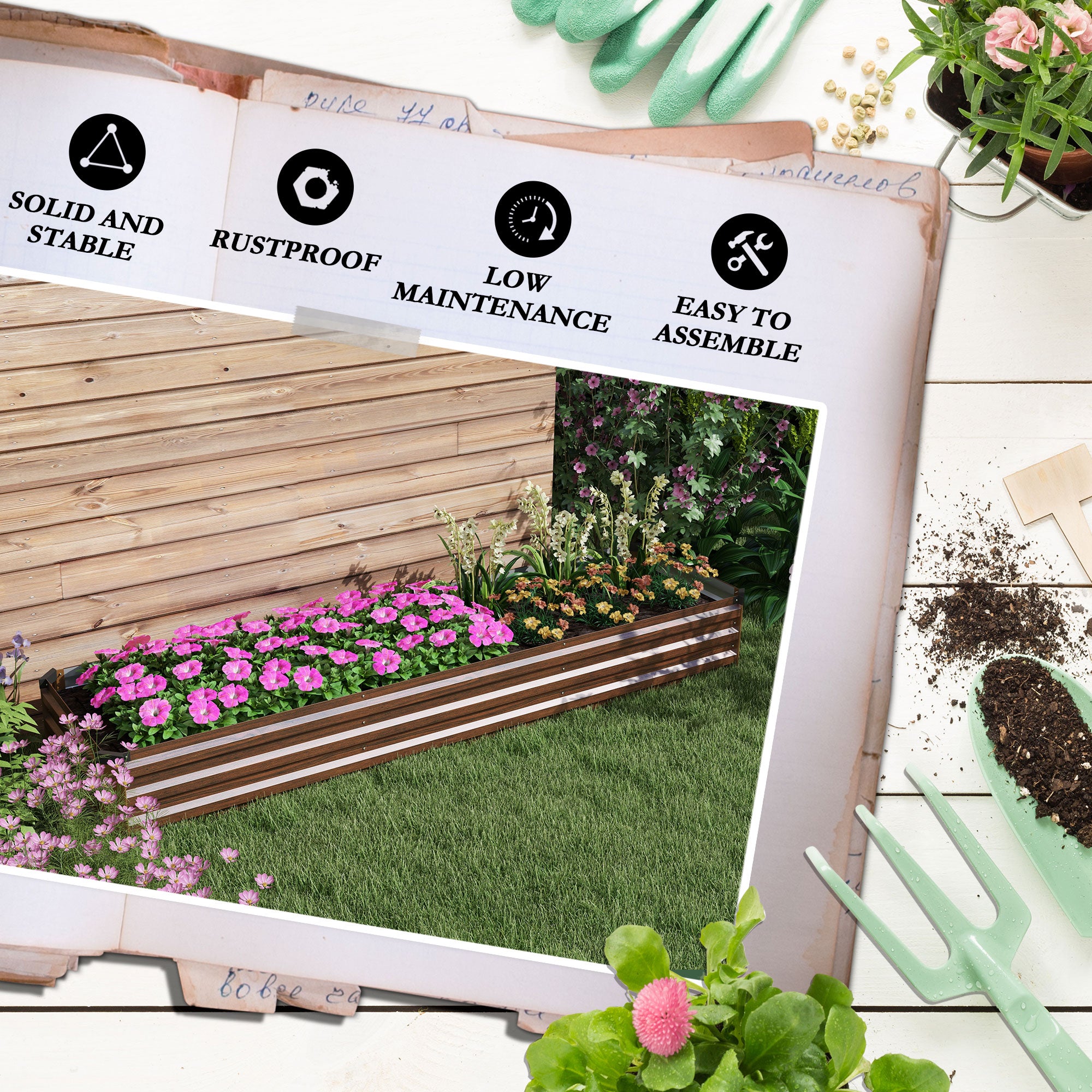 Outsunny 8'x2'x1' Galvanized Raised Bed, Large Elevated Planter Box for Growing Flowers, Herbs and Vegetables, Dark Brown