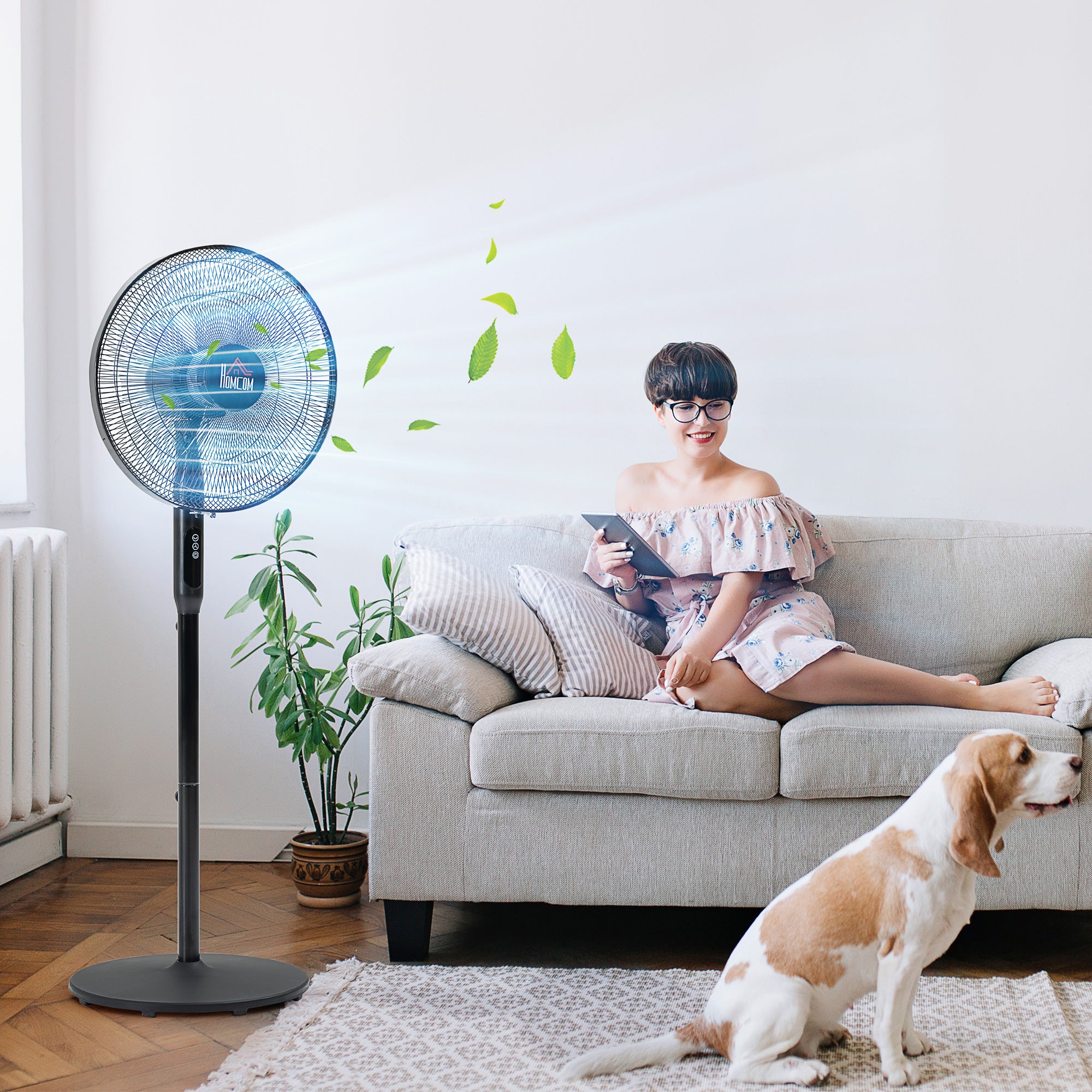 HOMCOM Floor Standing Fan with Remote Control, Oscillating, LED Screen, Stand Up Cooling Fan, Tall Pedestal Electric Fan for Home Bedroom, Black