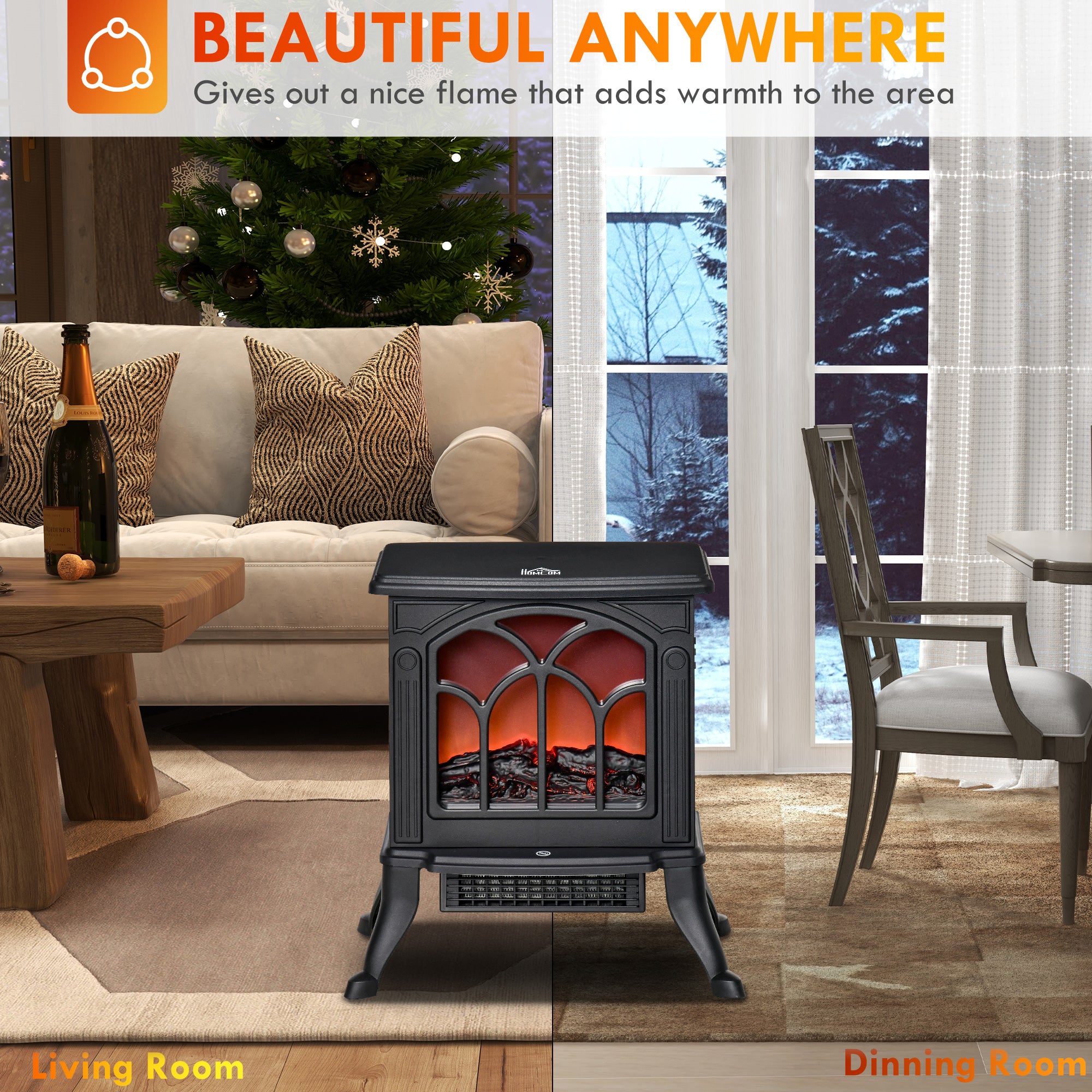 HOMCOM Electric Fireplace Heater, Freestanding Fireplace Stove with Realistic Flame, Overheat Protection, 750W/1500W, Black