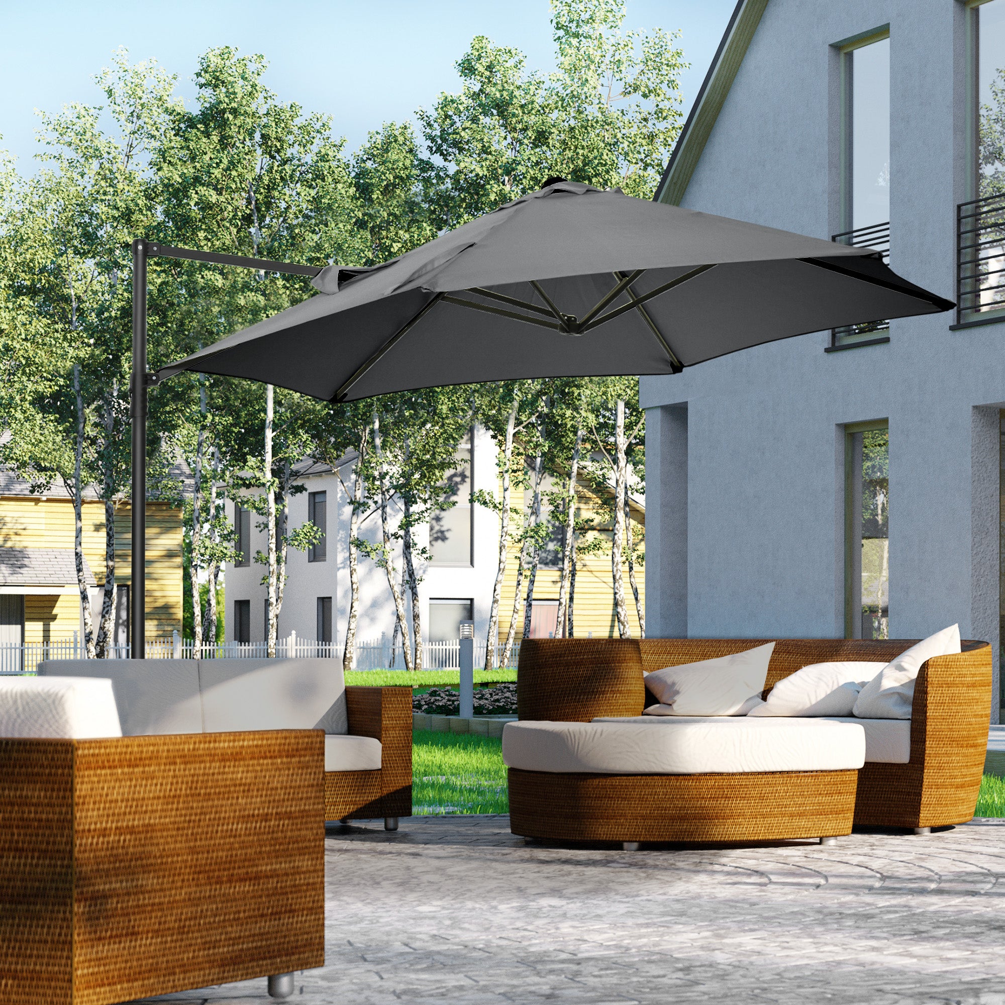 Outsunny 8.5FT Outdoor Cantilever Roma Parasol with 360° Rotation and Cross Base, Offset Patio Umbrella for Garden, Dark Grey