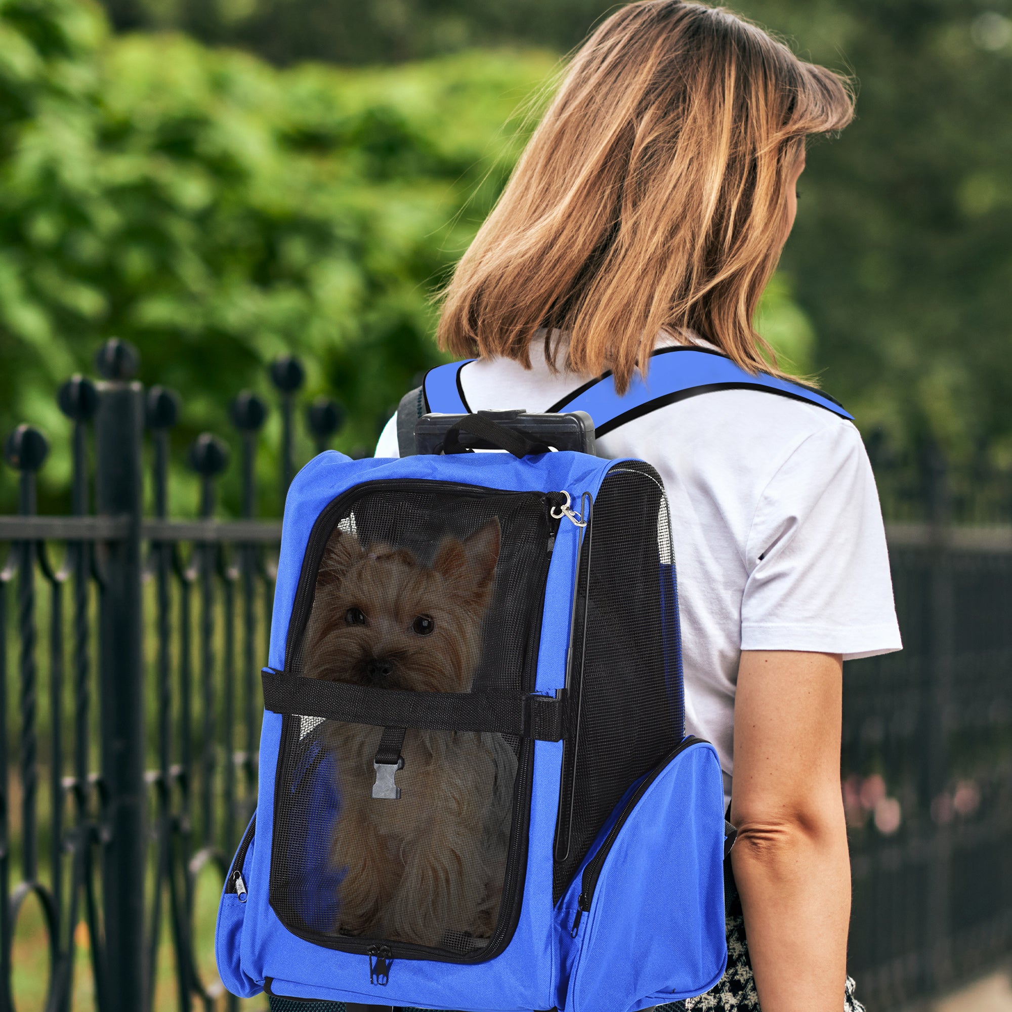 PawHut 2-IN-1 Pet Luggage Box Backpack Carrier Cats Dogs w/ Handle, Rolling Wheel Blue