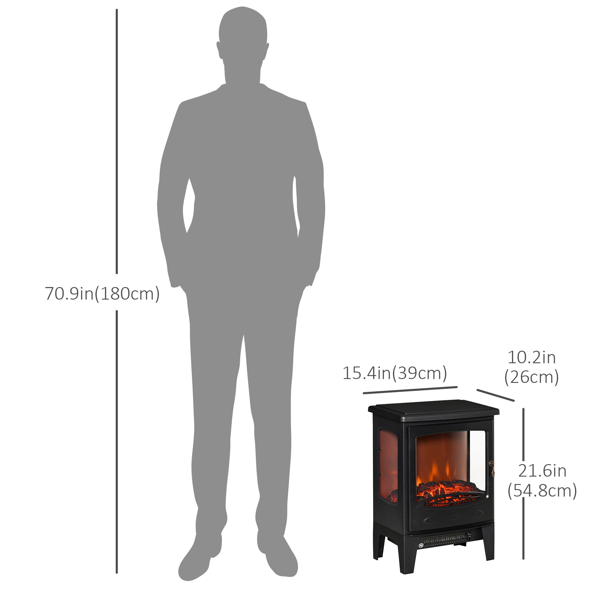 HOMCOM Electric Fireplace Heater, Freestanding Fireplace Stove with Realistic Adjustable Flame Effect and Adjustable Temperature, Overheating Safety Protection, 750W/1500W, Black