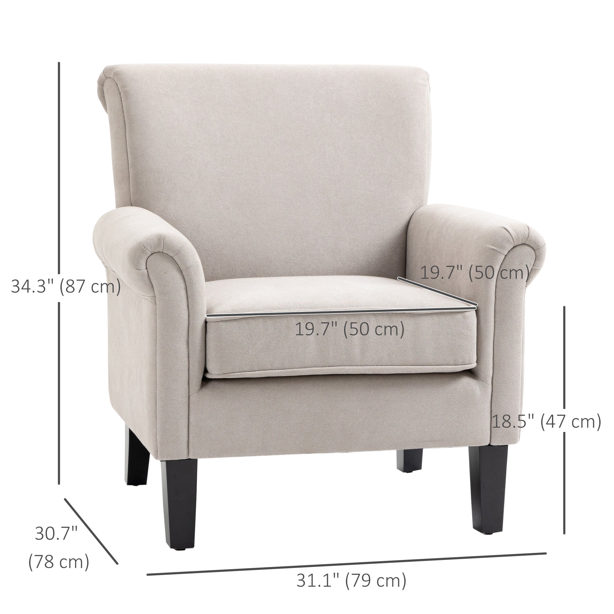 HOMCOM Upholstered Accent Chair, Single Armchair with Soft Velvet Touch Fabric, Rolled Armrest, Grey