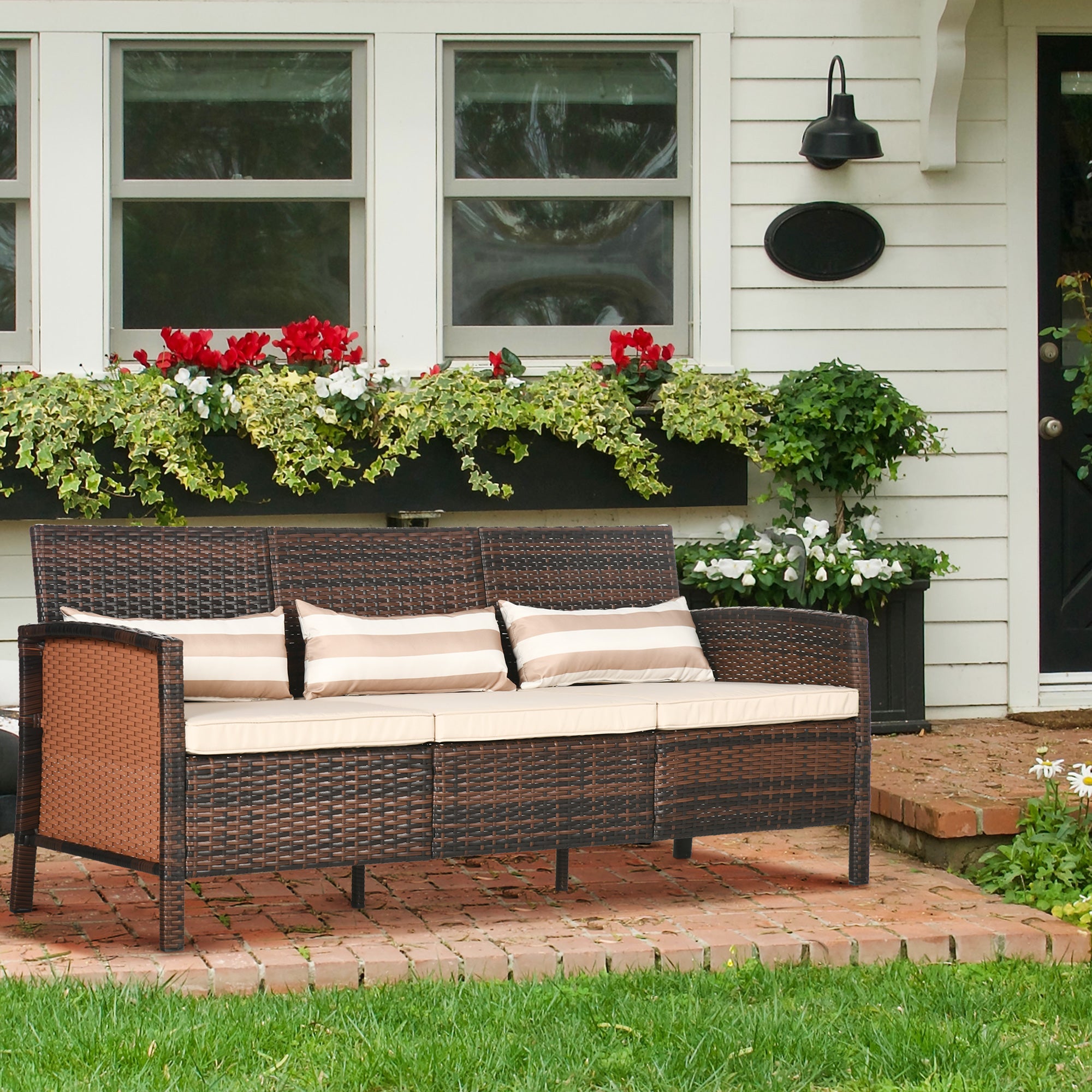 Outsunny 3-Seater Wicker Sofa, PE Rattan Outdoor Couch Conversation Furniture with Removable Cushions for Patio, Garden, Brown