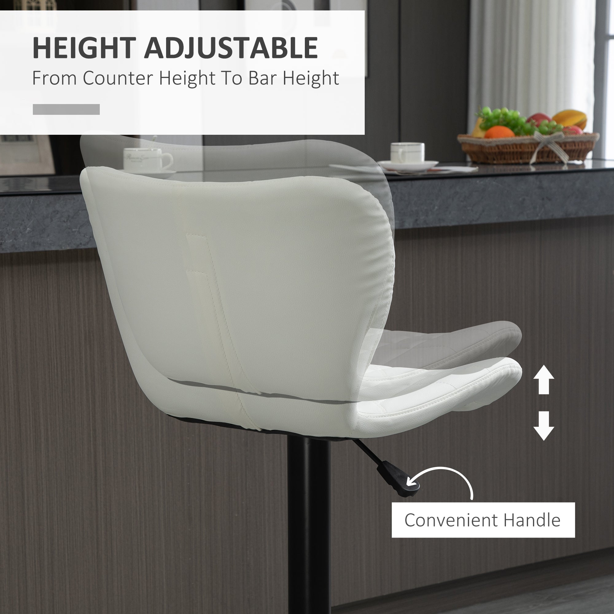 HOMCOM Bar Stools Set of 2 Adjustable Height Swivel Bar Chairs in PU Leather with Backrest & Footrest, White