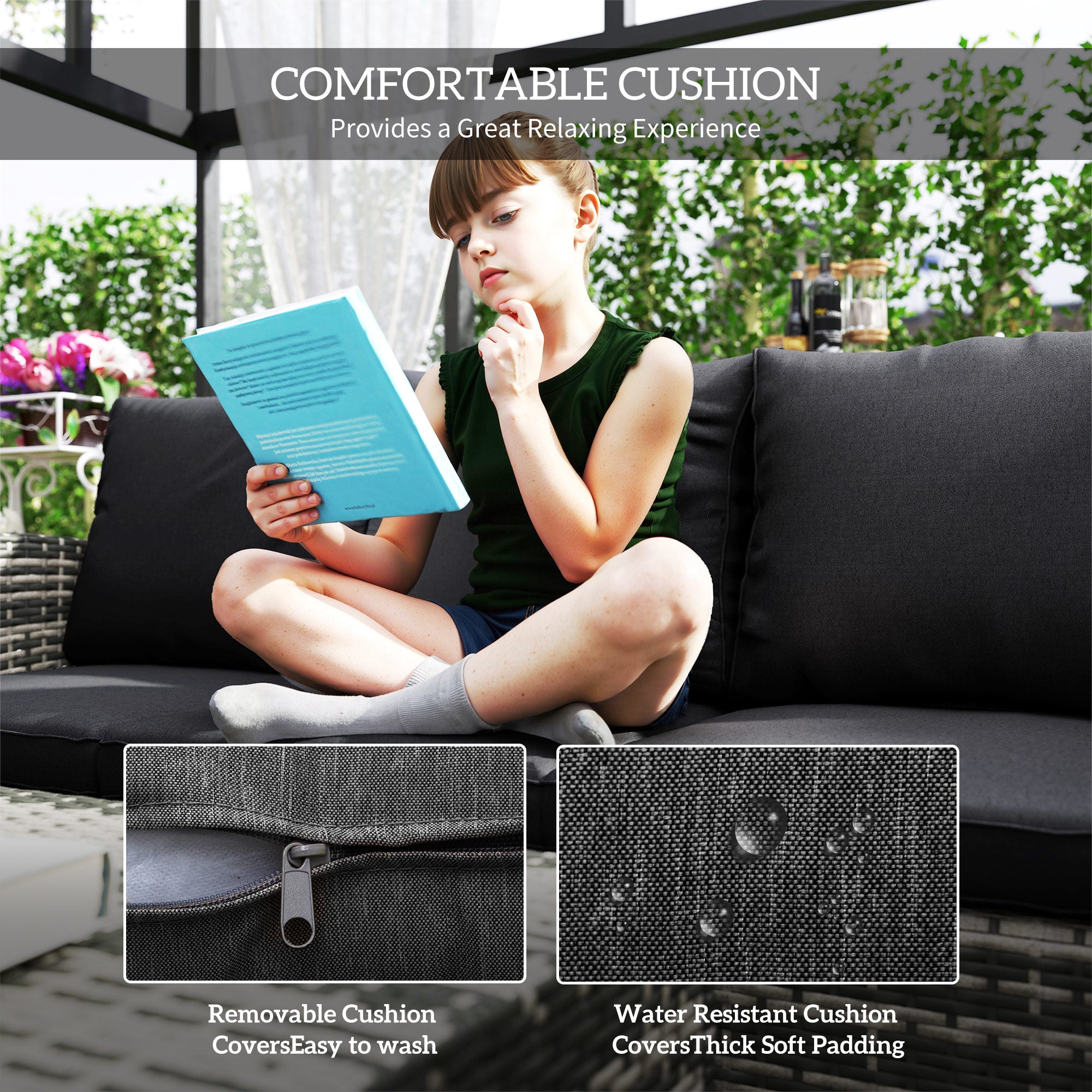 Outsunny 6 Pieces Wicker Patio Furniture Set with Cushions, 7-Seater Rattan Patio Sofa Set with Storage Coffee Table & Side Table, Sectional Outdoor Furniture Set, Black